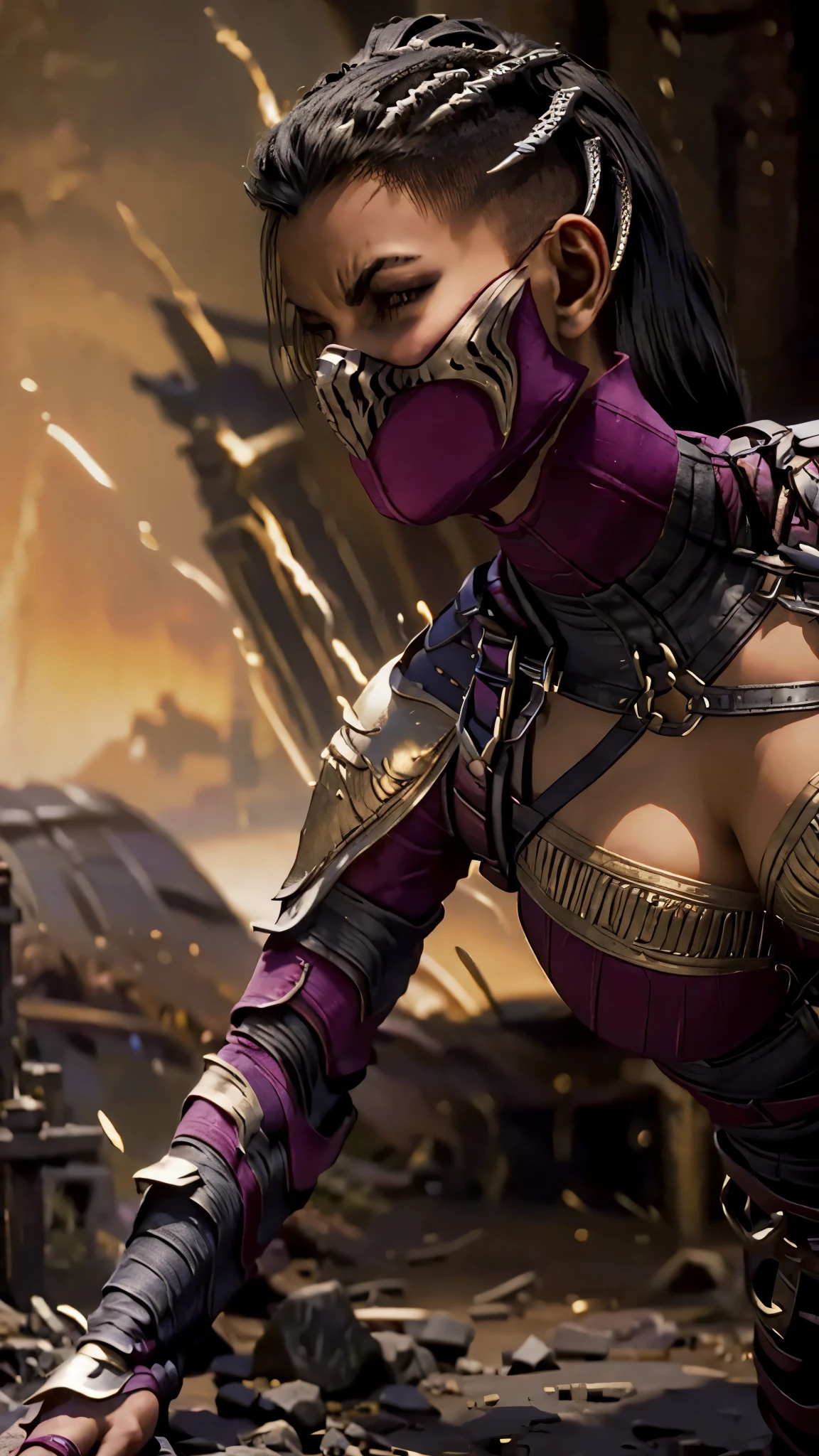 Mileena, from mortal Kombat,in golden armor , massive perfect breast, lightning, background, mortal Kombat dragon,