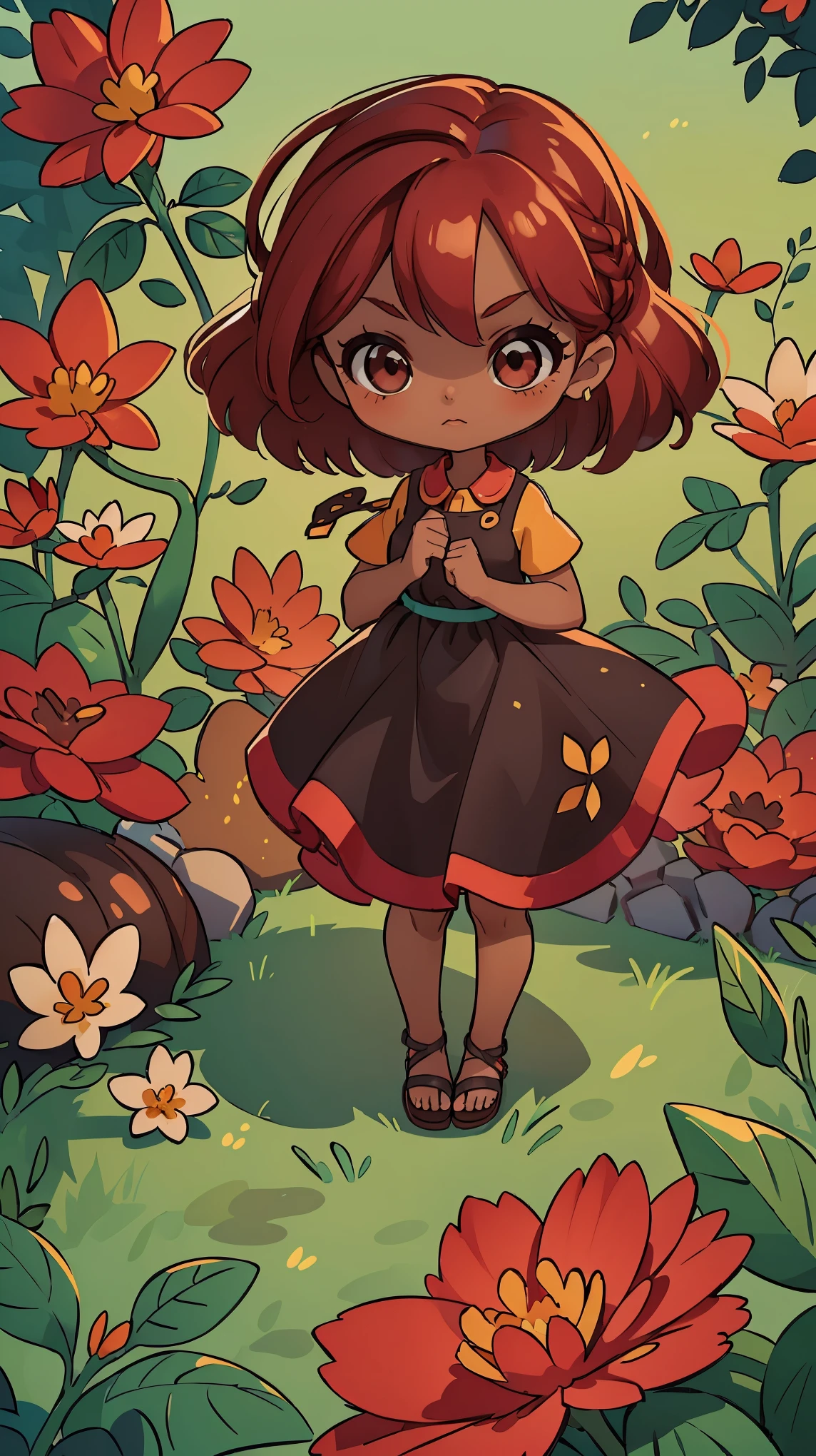 ((beautiful and aesthetically pleasing: 1.2), (1 ), ((red hair)), (brown eyes), (very dark skin), dress, sandals, garden, flowers ,best quality