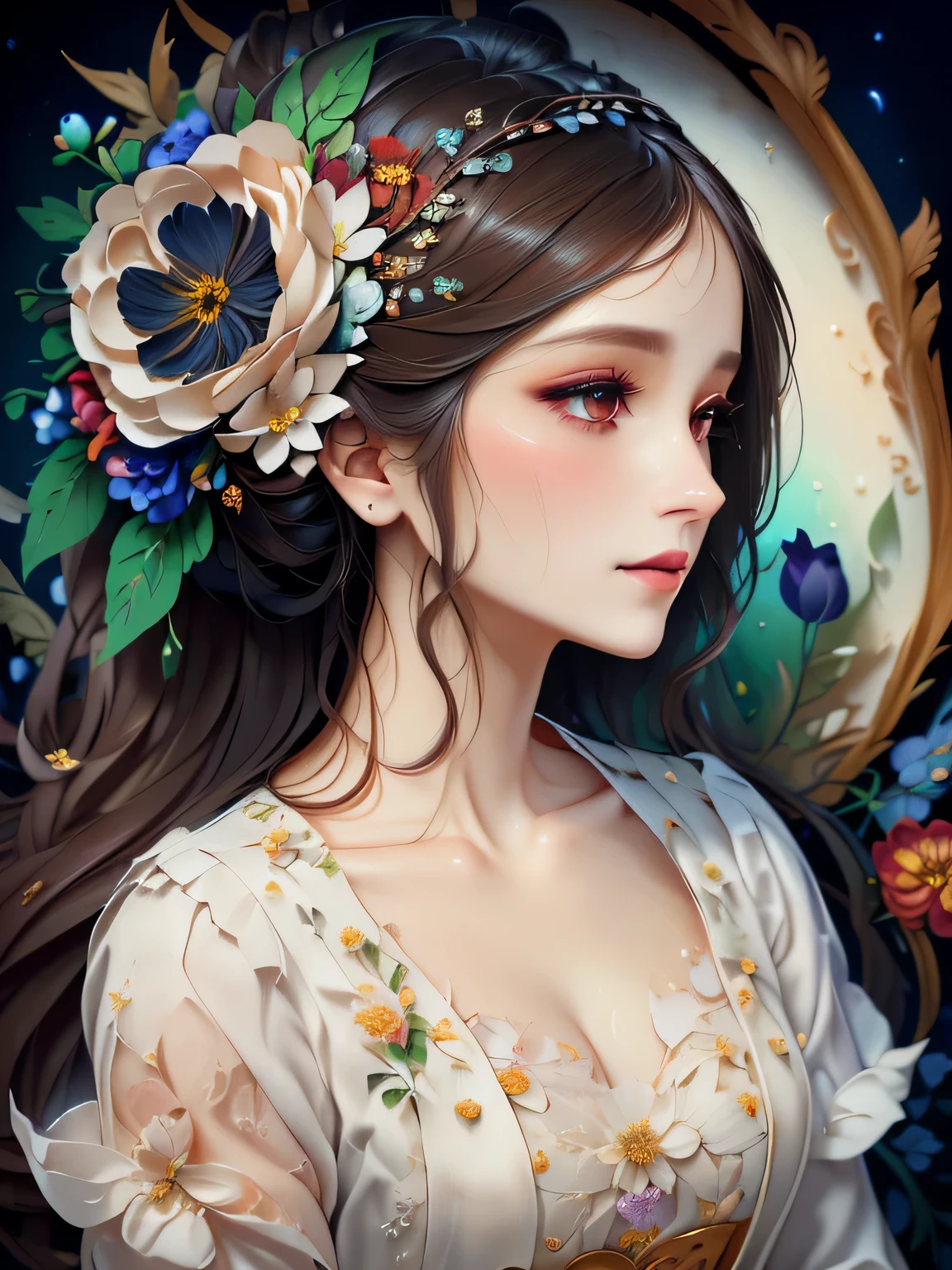 a close up of a woman with flowers in her hair, beautiful digital art, gorgeous digital art, beautiful gorgeous digital art, 4 k highly detailed art, painting of beautiful, beautiful digital artwork, 4k highly detailed digital art, 8k high quality detailed art, detailed feminine face, great digital art with details, detailed beautiful face, intricate beautiful painting, beautiful painting