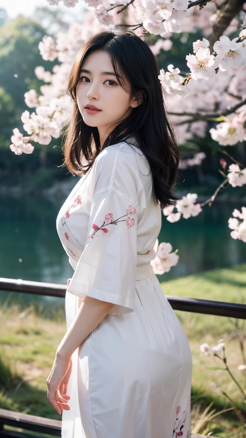 (logo、masterpiece、8k、table top、RAW photo、wonderful、最high quality、Photorealistic and hvery detailed CG integrated 8k wallpaper、high quality、very detailed、Narrative poem、particle effects、dynamic effects、written boundary depth、cinematic light、Lens flare、ray tracing)、fantasy、 (1 beautiful woman、white kimono、Japan Dress、white cherry blossom pattern、White cherry blossom embroidery pattern、black haired、beautiful face、real face、beautiful details eyes beautiful skin)、Hair flutters in Wind、hair bounces、pink cherry tree、petals dance、SakuraFubuki、wonderful景色、sunrise、sun on background、Wind、god々、teeth、god話、vast land、