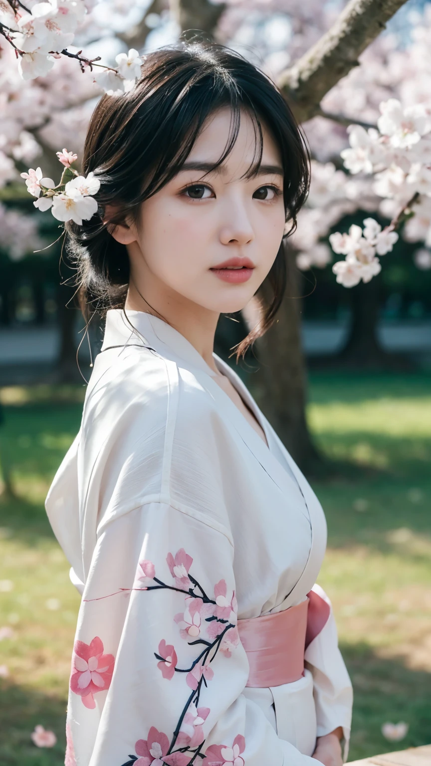 (logo、masterpiece、8k、table top、RAW photo、wonderful、最high quality、Photorealistic and hvery detailed CG integrated 8k wallpaper、high quality、very detailed、Narrative poem、particle effects、dynamic effects、written boundary depth、cinematic light、Lens flare、ray tracing)、fantasy、 (1 beautiful woman、white kimono、Japan Dress、white cherry blossom pattern、White cherry blossom embroidery pattern、black haired、beautiful face、real face、beautiful details eyes beautiful skin)、Hair flutters in Wind、hair bounces、pink cherry tree、petals dance、SakuraFubuki、wonderful景色、sunrise、sun on background、Wind、god々、teeth、god話、vast land、