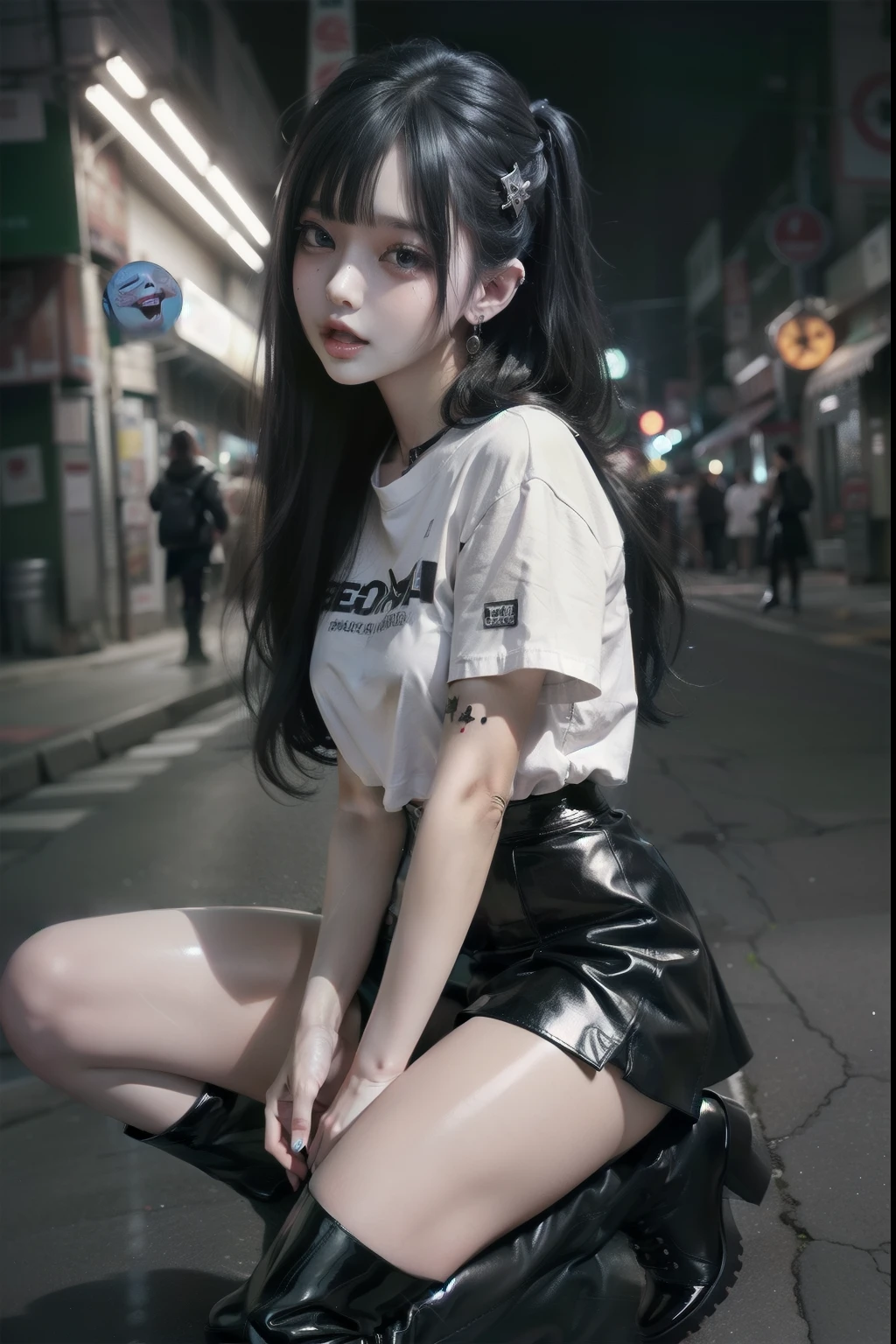 standing with legs apart、 1 cute anime girl, highest quality、ウルトラ - High resolution、High resolution、Detailed CG、8k unit wallpaper、20-year-old、beautiful and detailed eyes、(((black leather skirt、white shirt、Black High Cut Boots)))、(shiny body,:1.5)、 please be shy、(orgasm、Ahegao:1.5)、(Stick out your tongue and drool)、full of embarrassment、spread your legs、safe work,Garbage dump in the downtown area at night 