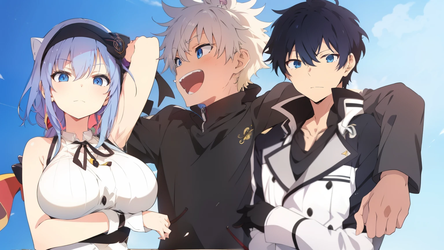 anime characters posing for a photo in front of a blue sky, estilo anime como destino/Fique durante a noite, grande ordem do destino, Animes de alta qualidade, havia oito pessoas de anime, personagens de azur lane, anime moderno oficial, novela visual cg, cabelo preto killua zoldyck, festa de anime do amigo da sabedoria, anime isekai popular, Caminhada Otaku