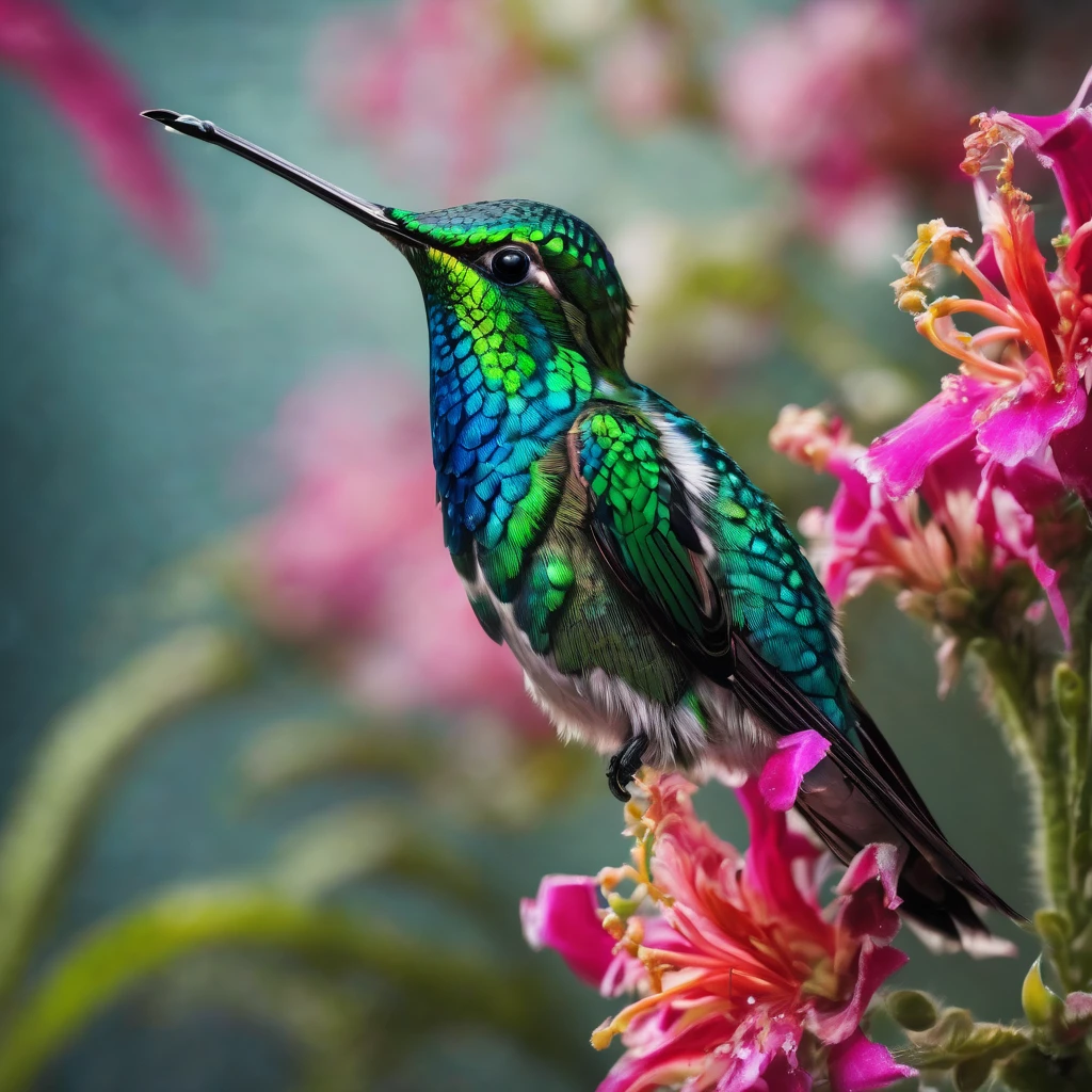Hummingbird, aesthetic, extremely detailed, a blue and green hummingbird in a garden. hyper-realistic. maximalist, intricate details, HDR, beautifully shot, hyperrealistic, sharp focus,  megapixels, perfect composition, high contrast, cinematic, atmospheric, moody