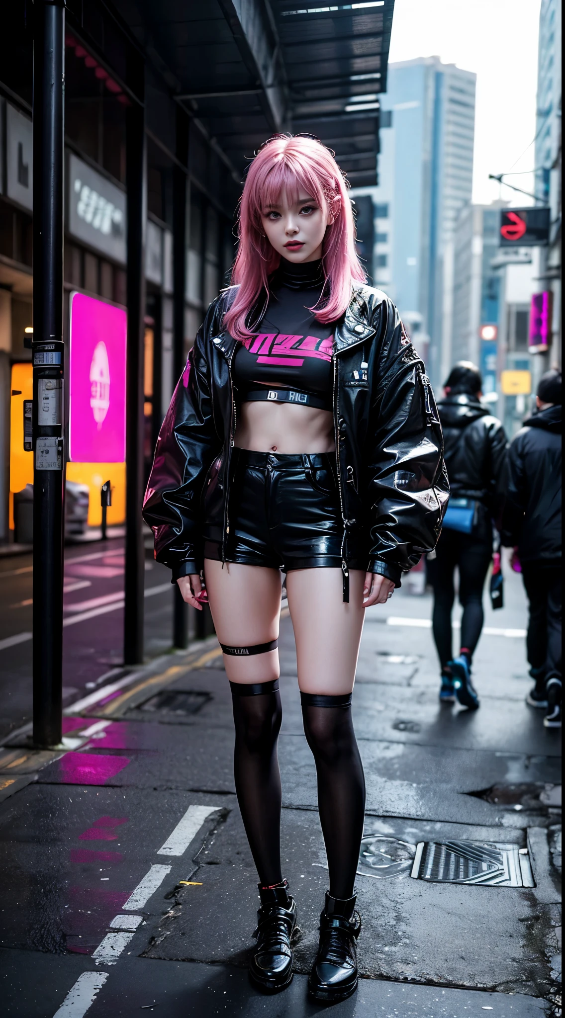 Anime girl posing on the street，pink long hair，vein punk style，cyberpunk streetwear，女性cyberpunk anime girl，cyberpunk anime girl，Wear cyberpunk streetwear，cyberpunk fashion clothing，Cyberpunk fashion crotinodel girl in cyborg style，cyberpunk style，cyberpunk style clothing，cyberpunk style colors，cyberpunk costume