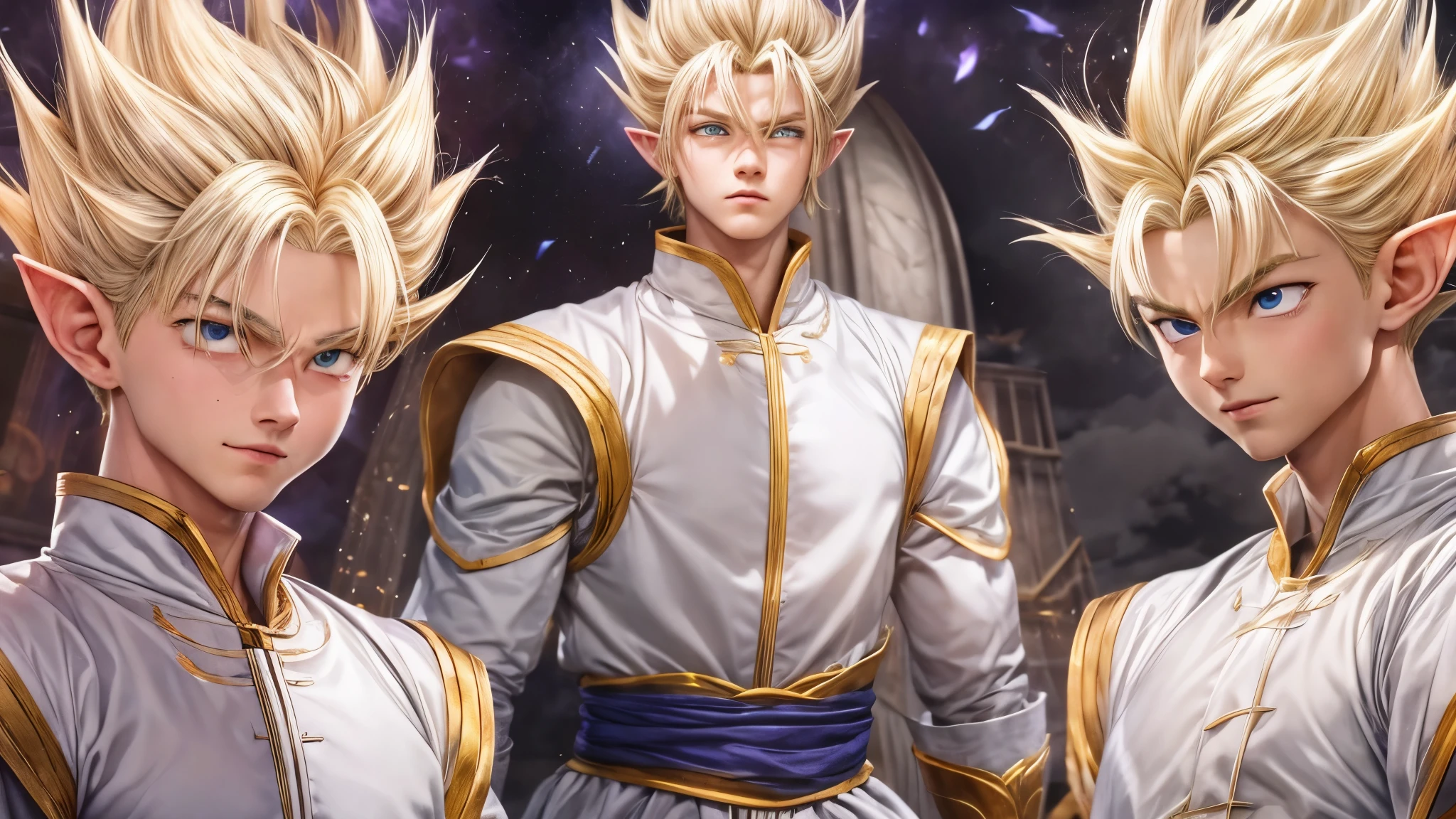 (master piece), 8k, best quality, elf boy, naïve, male, teenager, , white skin, thin body, pointed elf ears, beautiful finely detailed silver eyes, high forehead, yellow blonde spiky hair like Gohan from the anime dragon ball (super sayajin), Incredibly handsome, conservative elven outfit, excited, celebrating victory