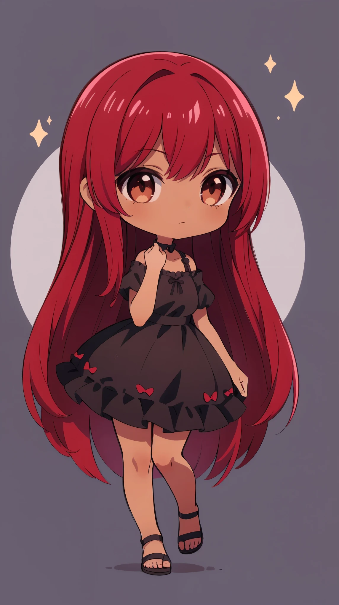 ((beautiful and aesthetically pleasing: 1.2), (1 ), ((red hair)), (brown eyes), (very dark skin), dress, sandals, ,chibi,1girl,