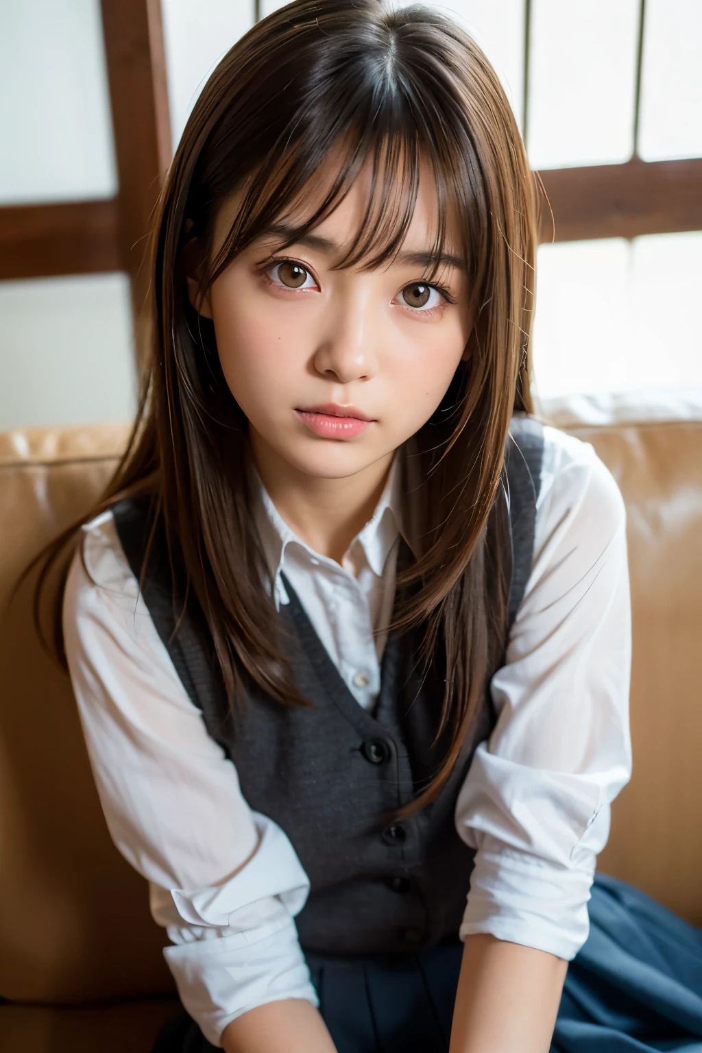 best quality, face focus, soft light, ultra high res, (photorealistic:1.4), RAW photo,
Japanese idol,Japanese actress , solo, very cute and beautiful face , (pupil, lights in the eyes),  detailed beautiful face, (),(high resolution detail of human skin texture),
(long hair),
sit couch,
school uniform, charcoal vest, skirt,
(upper thigh)