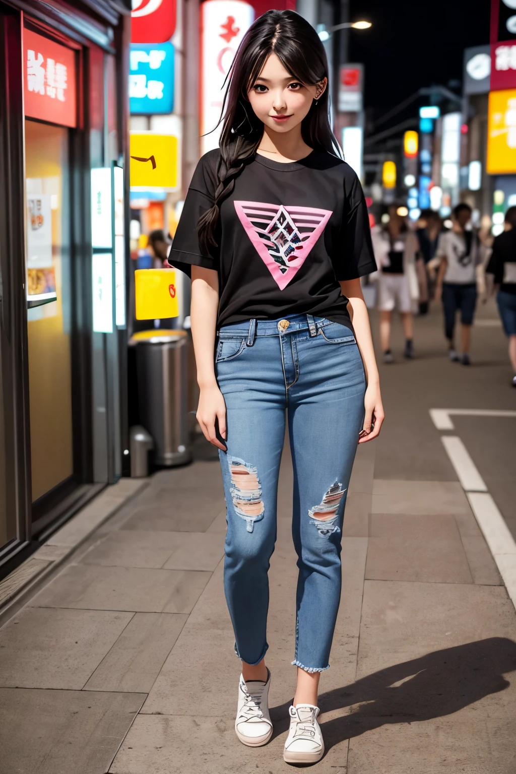 (16k, UHD, raw photo, photo realistic:1.3, masterpiece),
(ultra high resolution, absolutely detailed:1.2, exquisite details),
(highly detailed, extreme detailing, precision detailing:1.2),
(professional photography, full colors, studio-caliber color grading),
BREAK
(1 girls:1.4), (highly detail face:1.3), (:1.35),
(kawaii:1.3), (bishoujo),
(shiny white skin, transparent skin:1.3), (Beautiful realistic textured skin:1.2),
BREAK
she is a (Japanese girl:1.3), (13yo innocengirl),(13years old:1.:1.3),(wear the detailed multicolored clothes with shining accessories that were in the background:0.6), (She wears
Cool Logo T-shirt,
Wide Jeans
:1.3),
(symmetrical eyes, highly beautiful detailed eyes:1.3), ((light blue eyes):1.2), (big eyes:0.8),
(Oval eyes:1.3),
anatomically correct, perfect anatomy, nice hands, perfect hands, Perfect fingers, 4fingers, 1 thumb,
BREAK
(beautiful shining black hair:1.3), (the hairstyle is a waterfall braid:1.3), (light makeup, blash:1.3), (glossy puffy lips, pink lips:1.1),
(Triangular face:1.2),
(fishnets:0.6),
BREAK
(flat chest), (upward :1.4),
(happy:1),(haunting smile:1.2),
BREAK
(background is street of Tokyo, sibuya:1.4), (highly detail background:1.4),
(((full body shot)):1.7),
professional lighting,, (depth of field:1.3),
