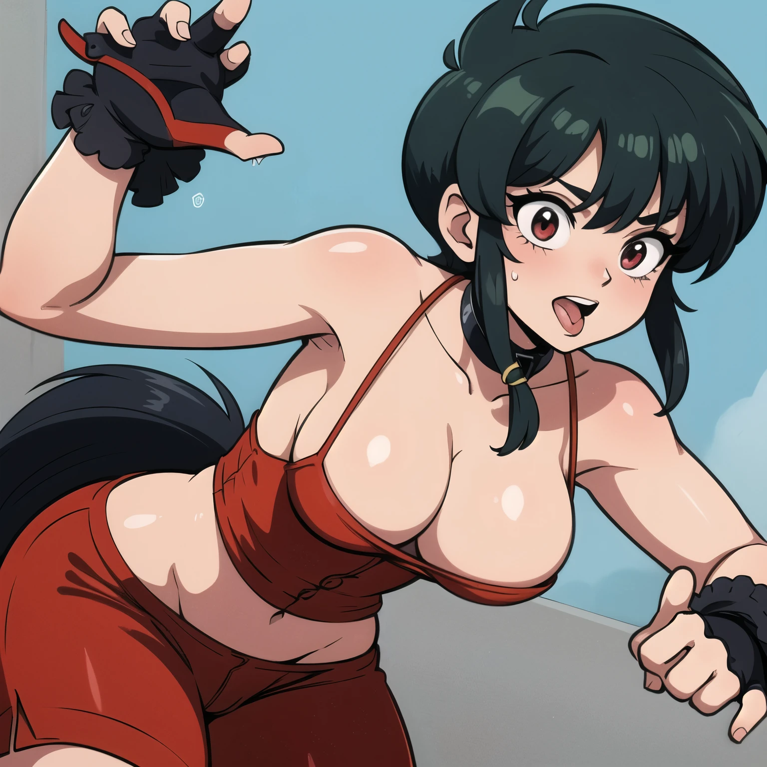 Ranma saotome, Cabello rojo, sacando la lengua, mojada, pechos grandes, cuerpo completo, pose vulgar, collar, bragas de encaje negra, sin brasier