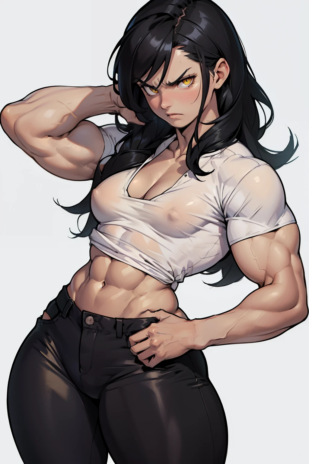 (((((muscular))))), (((thick thighs, small breasts chest, toned body, 1 girl))), black hair, pale skin, yellow eyes, angry, very long hair, ((waistup)) tight shirt tight pants