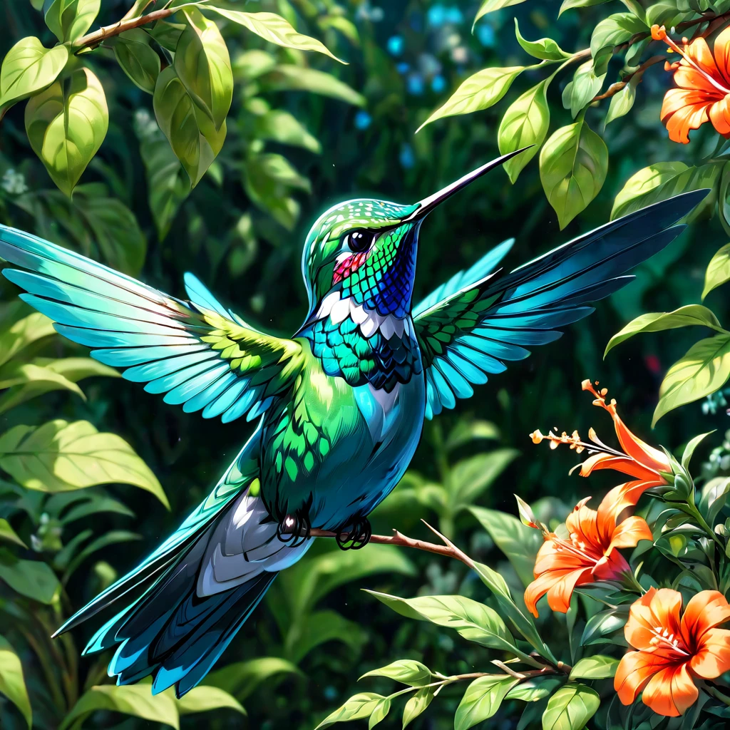 Hummingbird, aesthetic, extremely detailed, a blue and green hummingbird in a garden. hyper-realistic. maximalist, intricate details, HDR, beautifully shot, hyperrealistic, sharp focus,  megapixels, perfect composition, high contrast, cinematic, atmospheric, moody