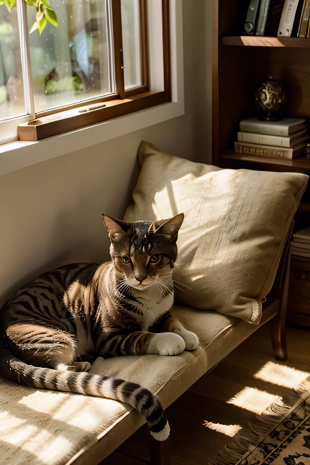 A sleek and elegant tabby cat lounges in a sun-drenched window sill, its fur aglow with warm hues of gold and amber. With eyes half-lidded in contentment, the cat stretches lazily, its delicate paws flexing against the soft fabric of a cushion. Outside the window, a gentle breeze rustles the leaves of a nearby tree, casting dappled shadows across the room. The cat's ears perk up at the sound, and it tilts its head curiously, whiskers twitching with anticipation. In the background, a cozy reading nook beckons, with shelves lined with books and a plush armchair bathed in soft lamplight.