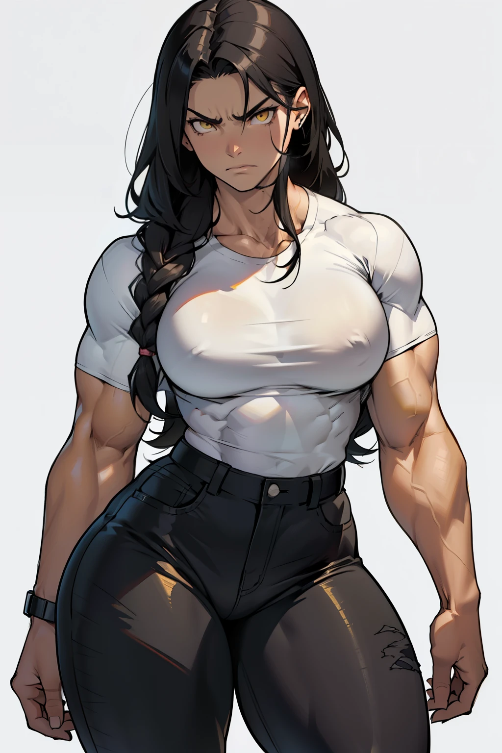 (((((muscular))))), (((thick thighs, breasts chest, toned body, 1 girl))), black hair, pale skin, yellow eyes, angry, very long hair, ((waistup)) tight shirt tight pants