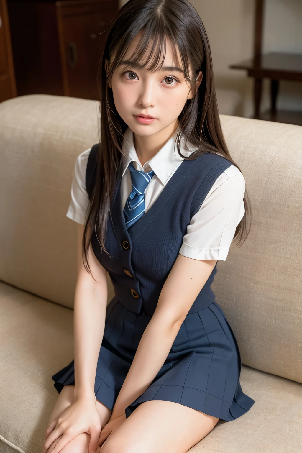 best quality, face focus, soft light, ultra high res, (photorealistic:1.4), RAW photo,
Japanese idol,Japanese actress , solo, very cute and beautiful face , (pupil, lights in the eyes), detailed beautiful face, (),(high resolution detail of human skin texture),
(long hair),
sit couch,
school uniform, charcoal vest, skirt,
(upper thigh)