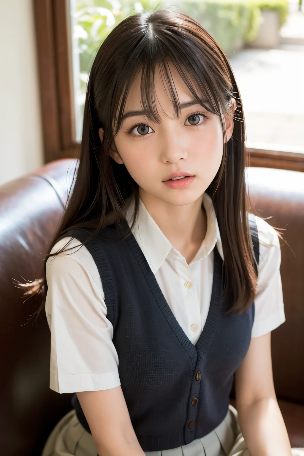 best quality, face focus, soft light, ultra high res, (photorealistic:1.4), RAW photo,
Japanese idol,Japanese actress , solo, very cute and beautiful face , (pupil, lights in the eyes),  detailed beautiful face, (),(high resolution detail of human skin texture),
(long hair),
sit couch,
school uniform, charcoal vest, skirt,
(upper thigh)
