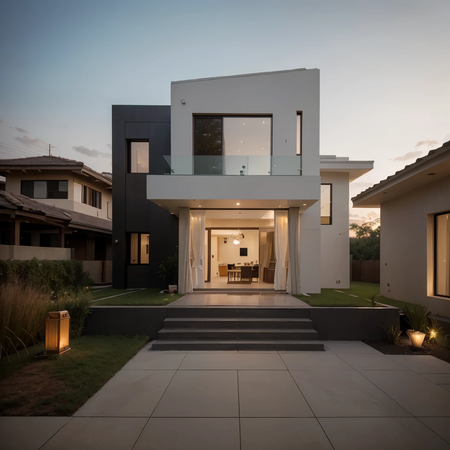 An awe-inspiring cinematic photo of a modern G+1 row house, villa, and bungalow. The architecture is a blend of traditional and contemporary elements, with clean lines and large windows. The exterior is painted in neutral tones, allowing the natural beauty of the surroundings to take center stage. The image is captured at dusk, with a soft golden light illuminating the scene. The overall ambiance is serene and inviting, making it perfect for a poster or conceptual art piece., photo, conceptual art, architecture, poster, cinematic