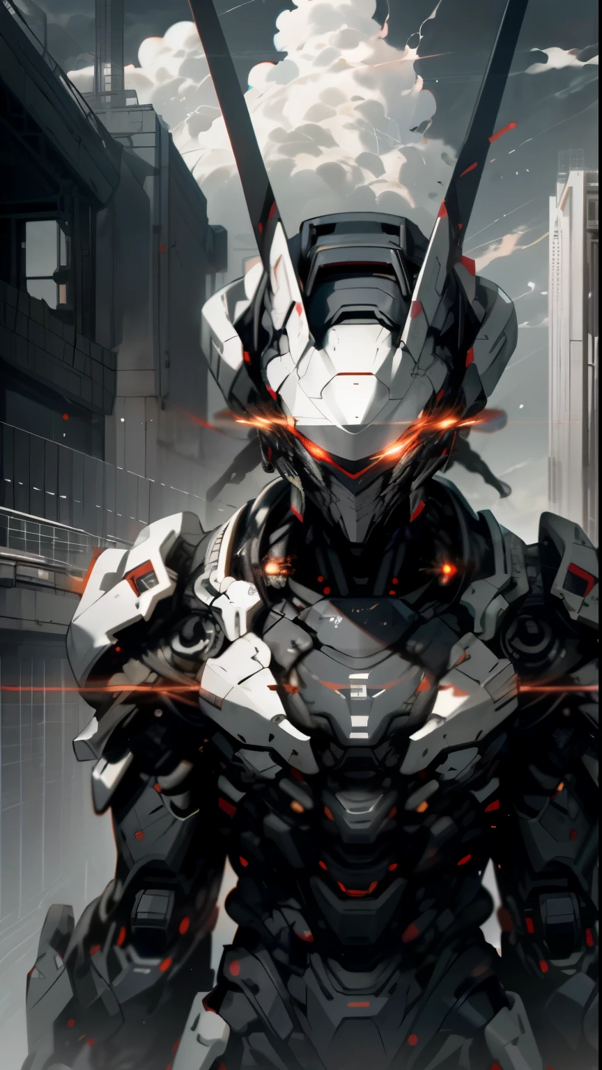 top of Skyscraper night sky, Cloud, No_Humanity, Glow, medium muscular Ninja robot, architecture, Science fiction, urban, Reality all body straight forward Glowing body Glowing red eyes, white and grey color nuance theme, dominance white (no weapons）broad reinforced shouldered --v6, all body in frame , dynamic capture
