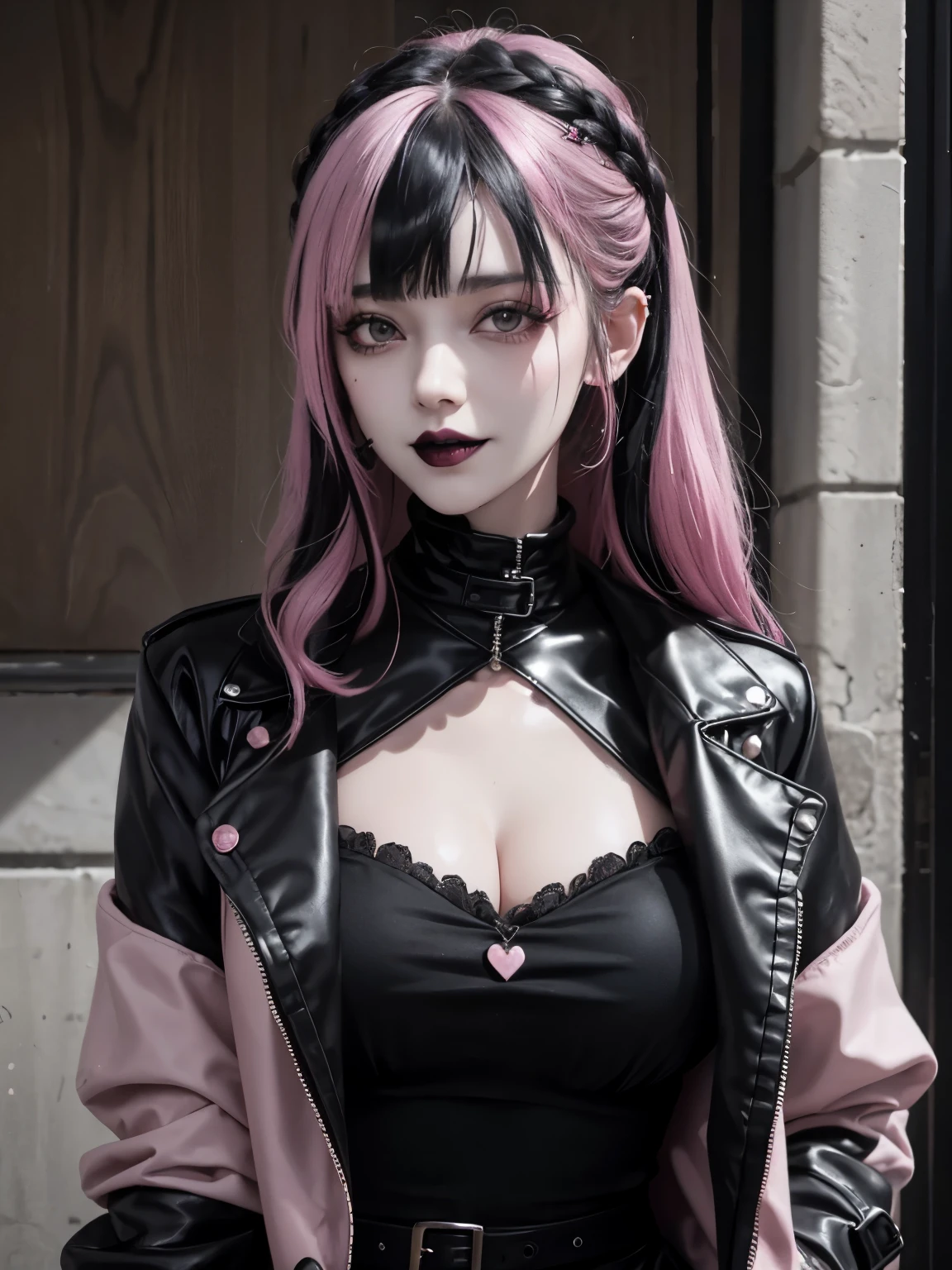 (1 girl, goth), woman, goth hairstyle, goth punk clothing, smug, grin, outdoors, black lips, black hair with pink streaks, bangs, jacket