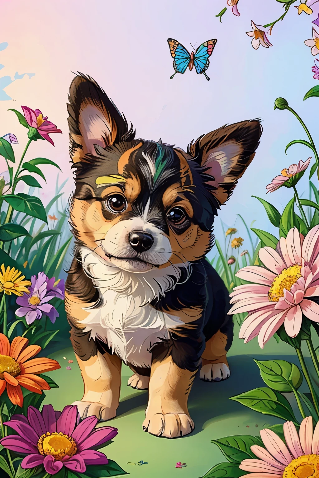 coloring pic for a dog and butterfly and so many flowers at the background cute cartoon style for kids