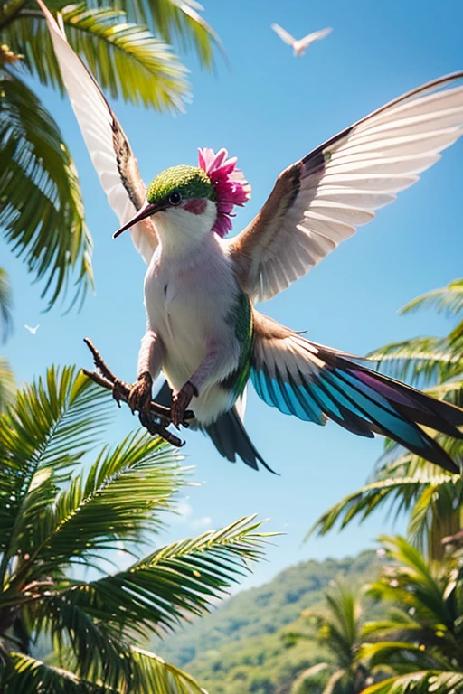 best quality,ultra-detailed,realistic,hummingbird,beautiful detailed feathers,vibrant colors,natural habitat,tropical flowers,hovering in mid-air,delicate wings,precise flight,nectar from flowers,breathtaking view,lush green foliage,bright sunlight,feeding on sweet nectar,evoking a sense of wonder,graceful movements,iridescent plumage,sharp beak,hummingbird in flight,small but powerful,creature of nature,speed and agility,transfixed in awe,buzzing wings,nectar drinkers,swift and graceful,quick darting movements,effortlessly hovers,mesmerizing sight,flits from flower to flower,strong and acrobatic,grace in motion,frequent visits to feeders,colorful and magical,airy fairy,miniature marvel,fluttering wings,darting through branches,playful and lively,exquisite jewel of the sky,feathered gem,sparkling iridescence in the sunlight,delicate balance,impressive speed and maneuverability,master of flight,continuous motion,stunning little bird.