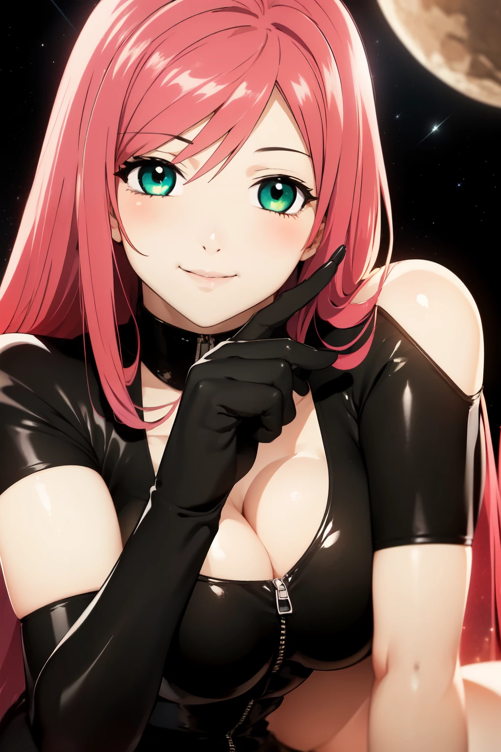 1 girl, 19 years old, Long pink hair, green eyes with slit pupils, big breasts, master-piece, best quality, proportional body, proportional, sexy black leather catsuit, zipped down, showing cleavage, red nails, Under the moon background, the stars are shining, outdoor, Upper body, The sky is beautiful, Make eye contact with the camera, front figure, looking forward, (light_Smile:1.5), (Detailed hands and fingers:1.2)