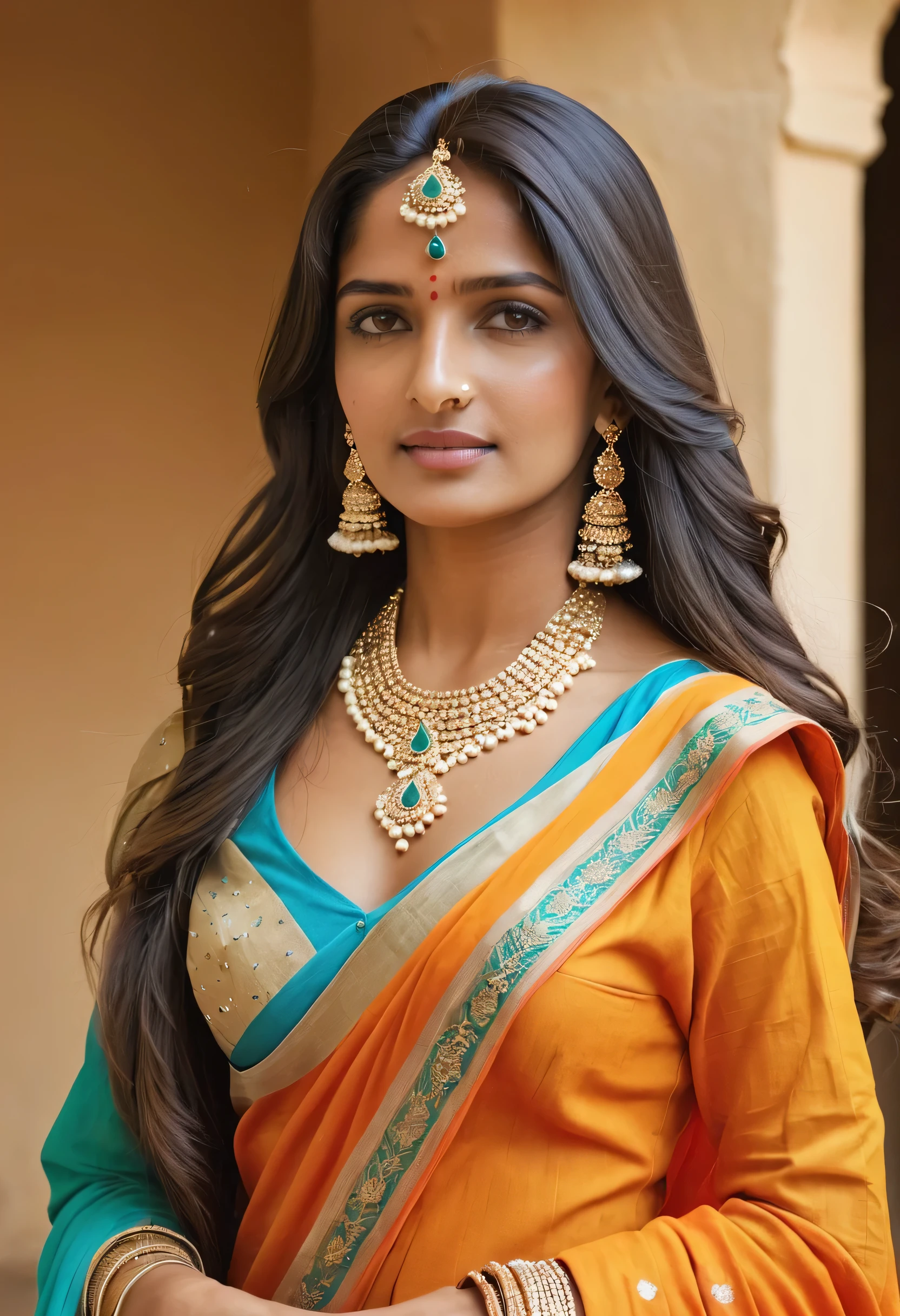 The 25-year-old Indian lady looked stunning in her traditional Indian attire. She wore an elegant dress with intricate embroidery, complemented by modern jewelry and including a hand-bag. Long hair, adding a touch of elegance to her look. She exuded grace and charm, embodying the timeless beauty of an Indian.