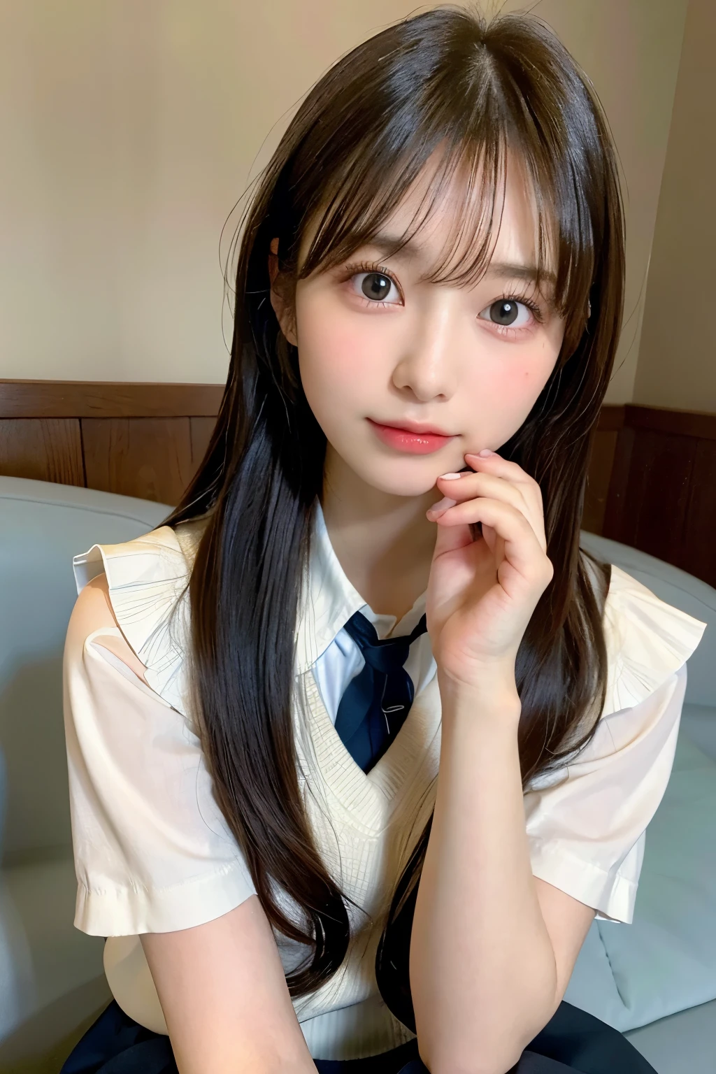 (best quality masterpiece:1.2) , face focus, soft light, ultra high res, (photorealistic:1.4), RAW photo,
Japanese idol,Japanese actress , solo, very cute and beautiful face , (pupil, lights in the eyes),  detailed beautiful face, (),(high resolution detail of human skin texture),
(long hair),
sit couch,
school uniform, charcoal vest, skirt,
(upper thigh)