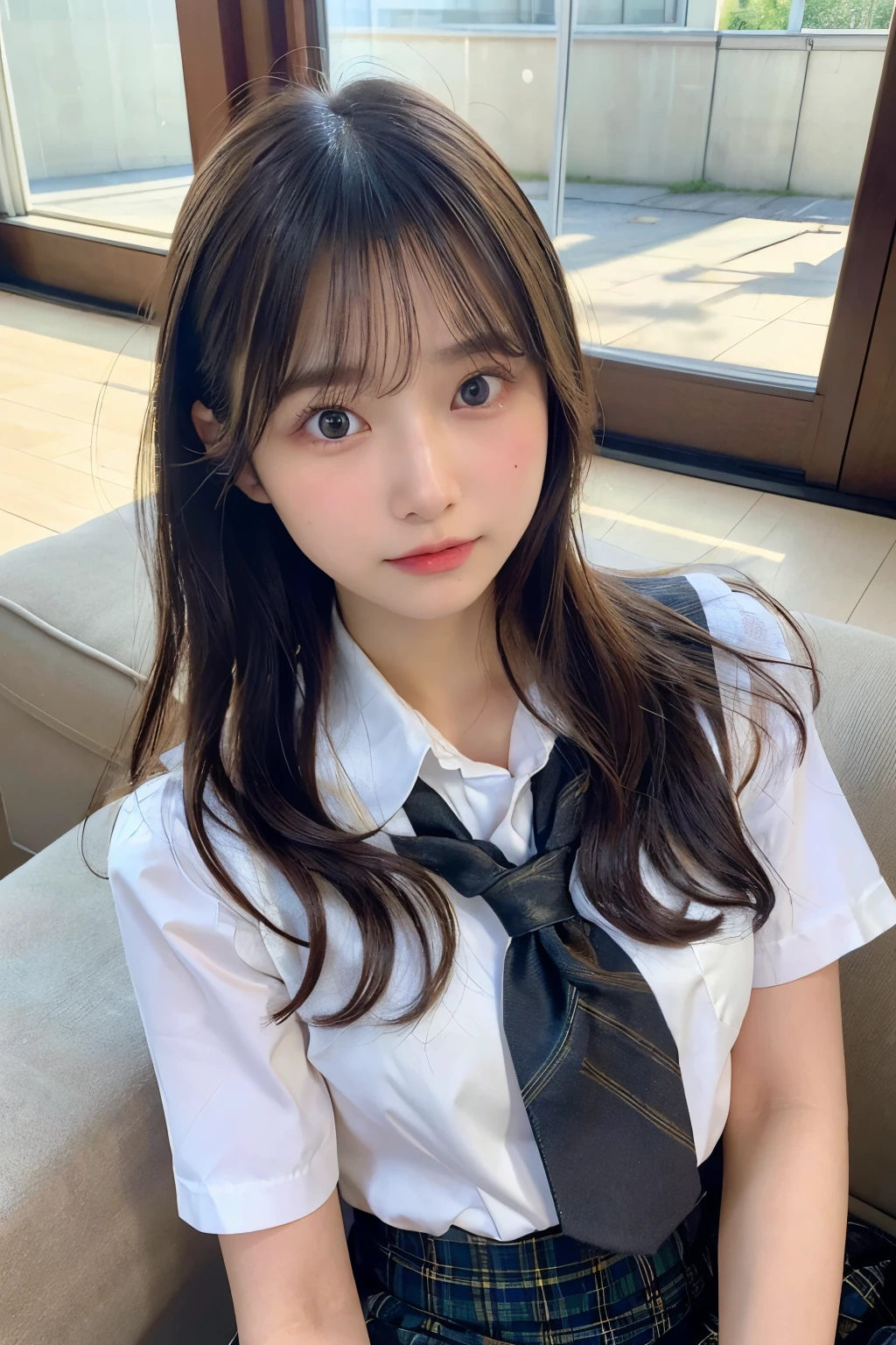 (best quality masterpiece:1.2) , face focus, soft light, ultra high res, (photorealistic:1.4), RAW photo,
Japanese idol,Japanese actress , solo, very cute and beautiful face , (pupil, lights in the eyes),  detailed beautiful face, (),(high resolution detail of human skin texture),
(long hair),
sit couch,
school uniform, charcoal vest, skirt,
(upper thigh)