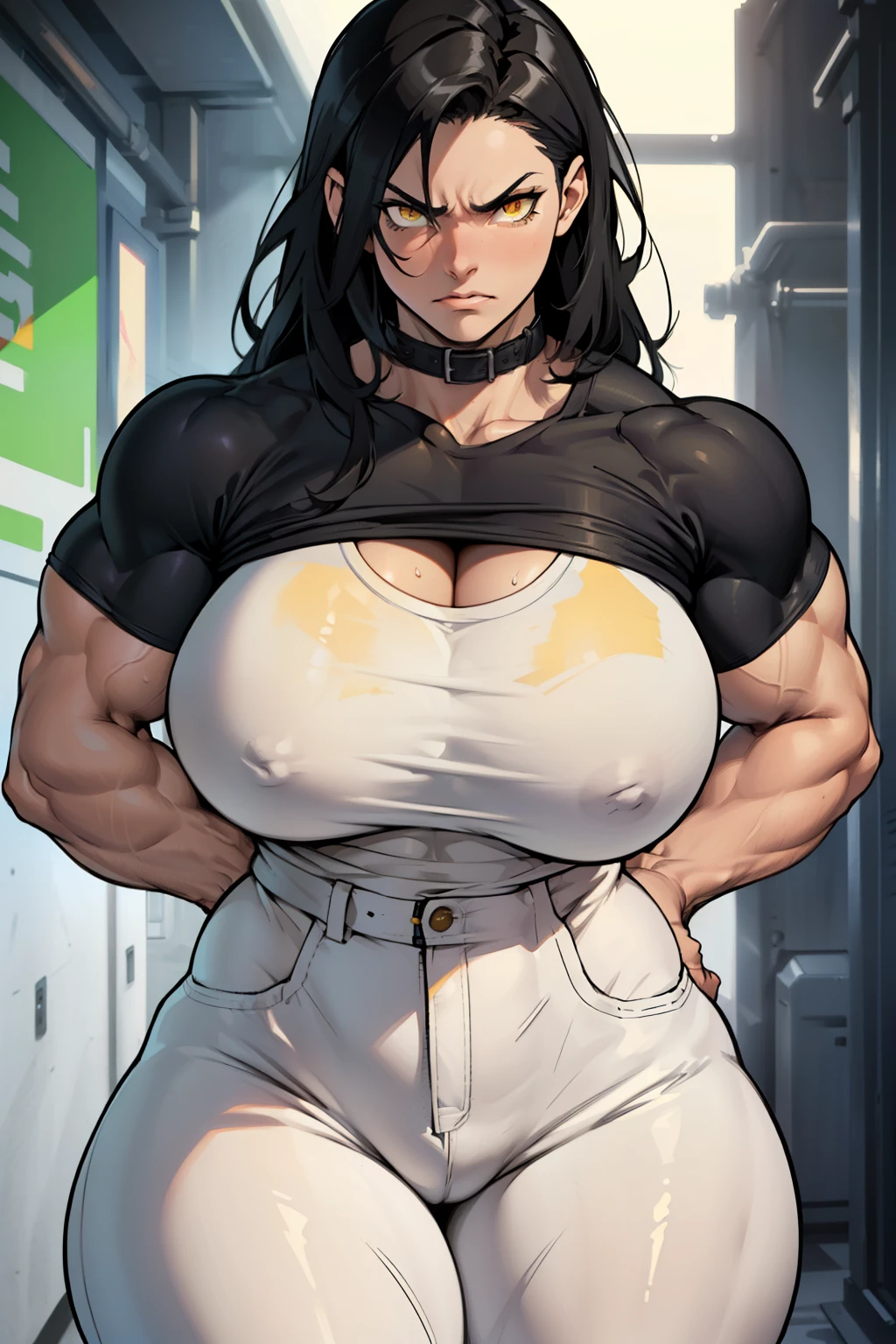 (((((muscular))))), (((thick thighs, huge breasts chest, toned body, 1 girl))), black hair, pale skin, yellow eyes, angry, very long hair, ((waistup)) tight shirt tight pants