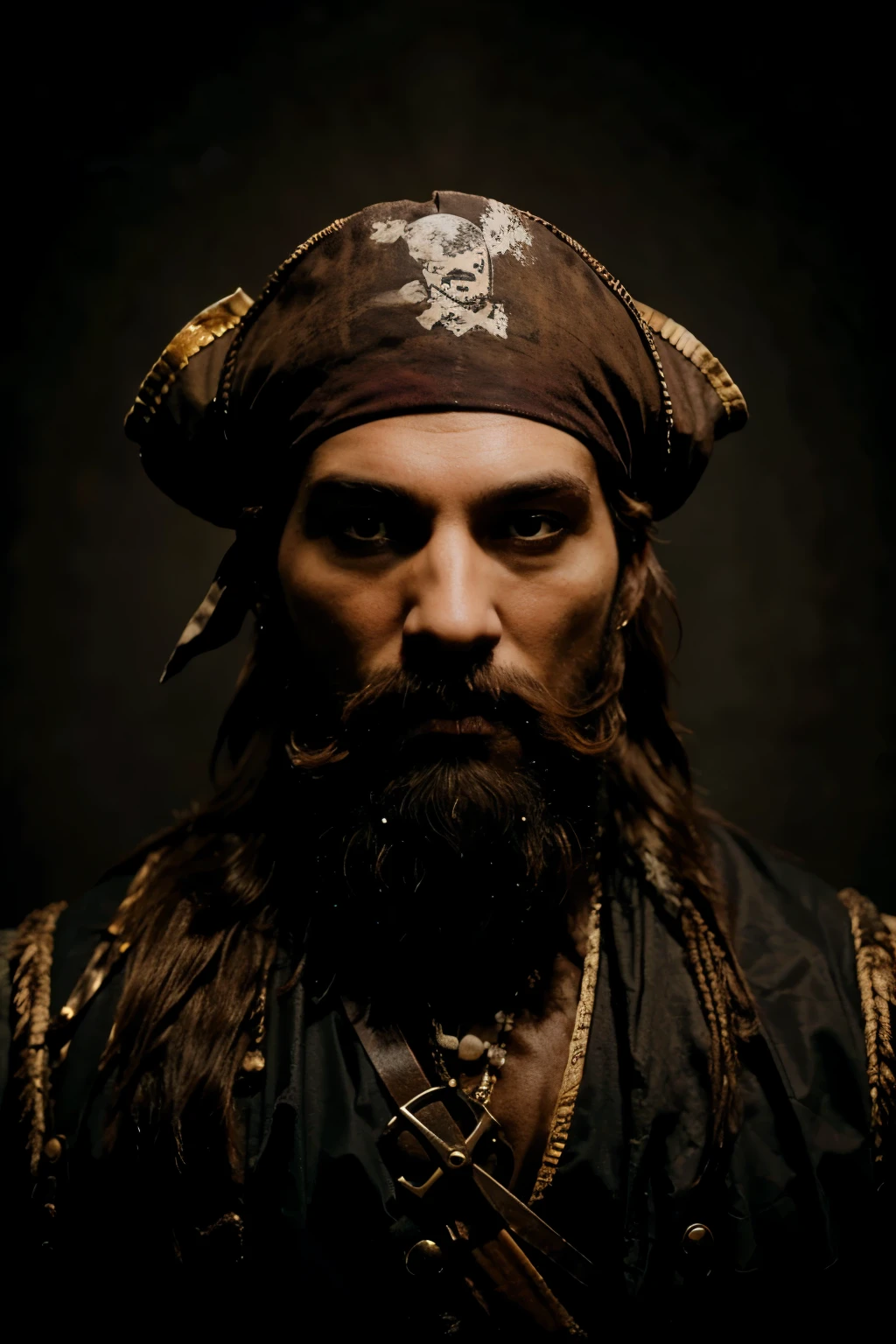 the head of a pirate with a photorealistic beard with a dark background