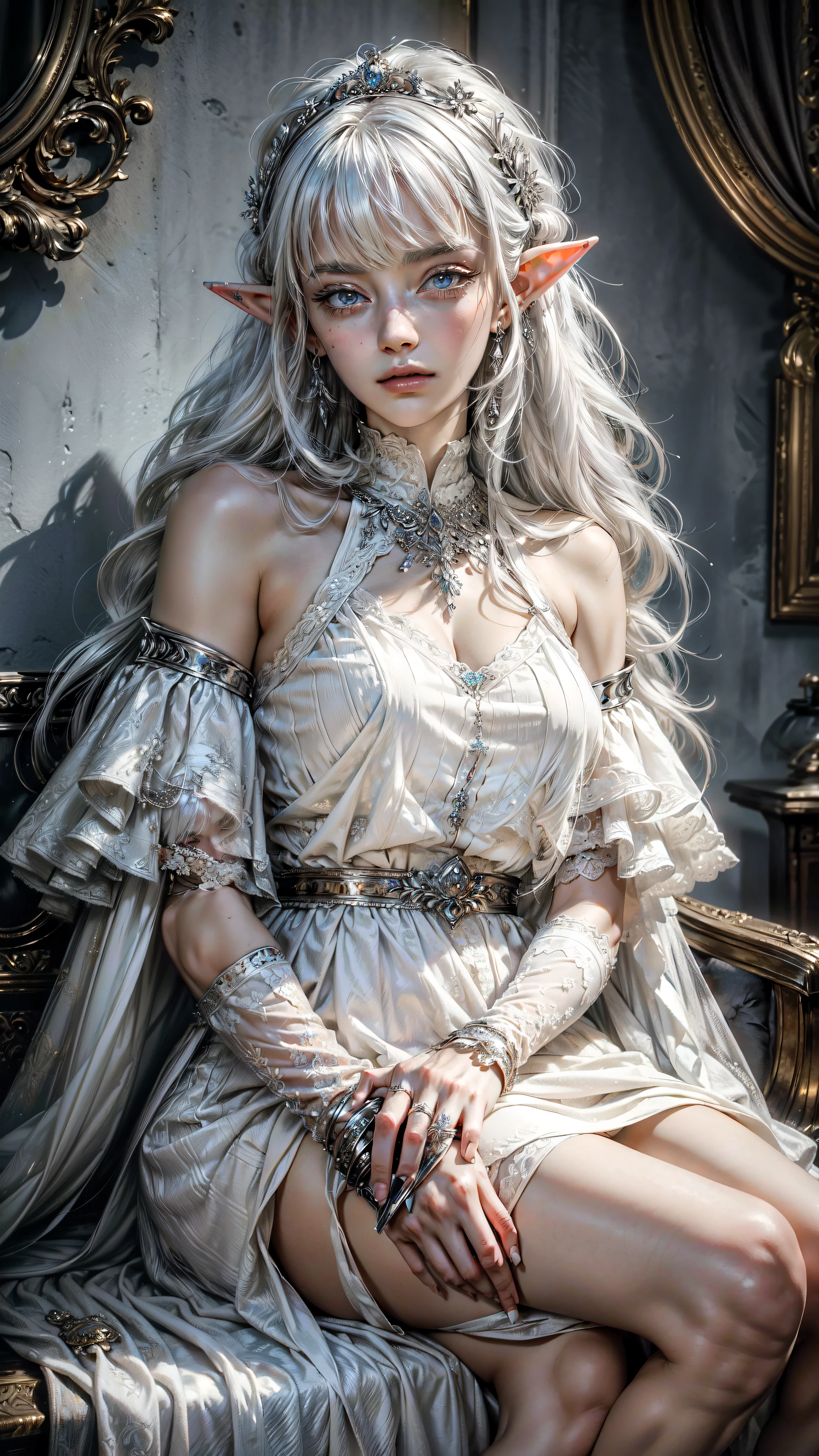 ((Best quality)), ((masterpiece)), (highly detailed:1.3),a woman white hair, detailed eyes, detailed face, detailed hands, fringe elf dress white gold accessories, seated shy look flushed