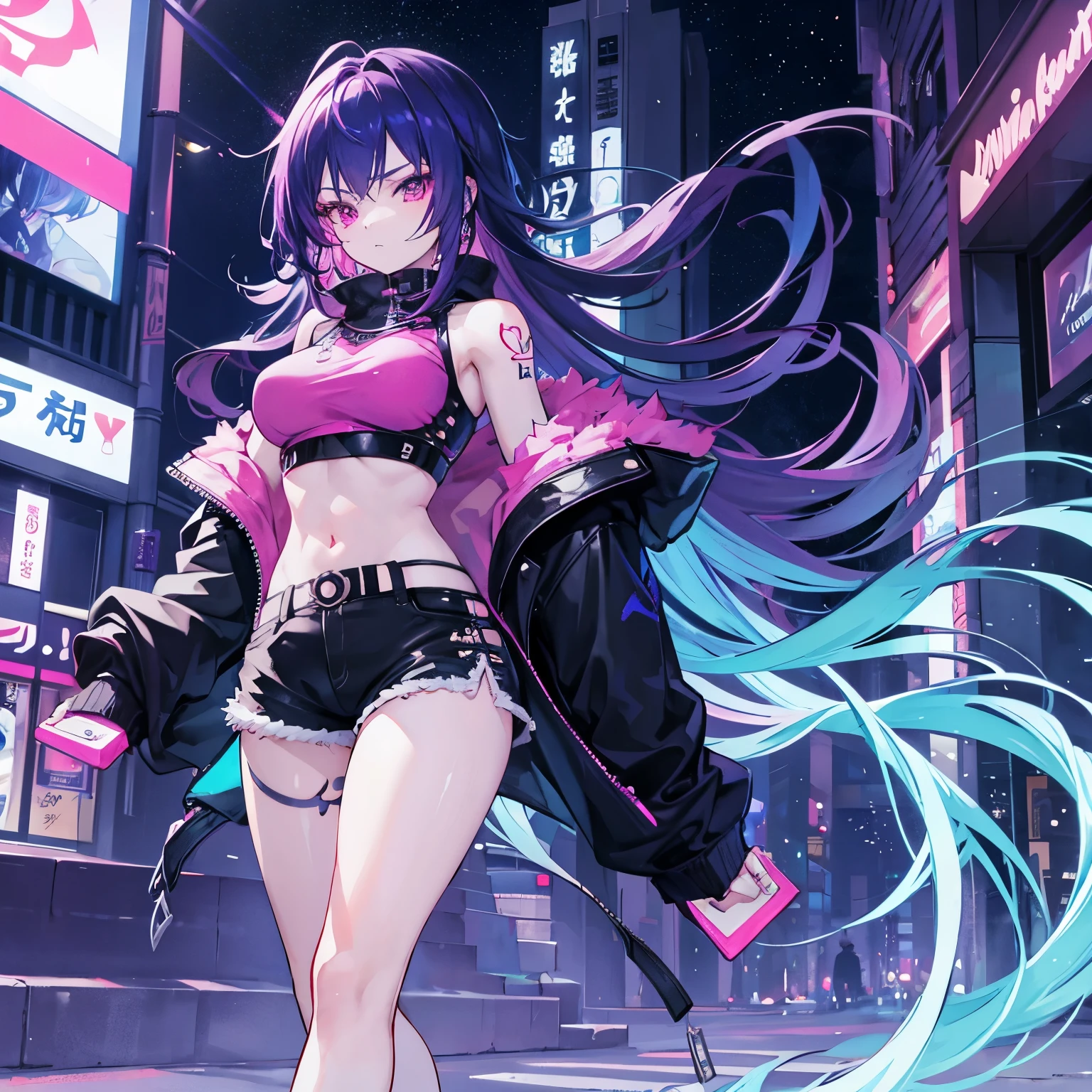 An anime gangster girl with a crop top and shorts, adorned with rings and tattoos, strolls through the cold yet inviting night street illuminated by magenta and blue lights.