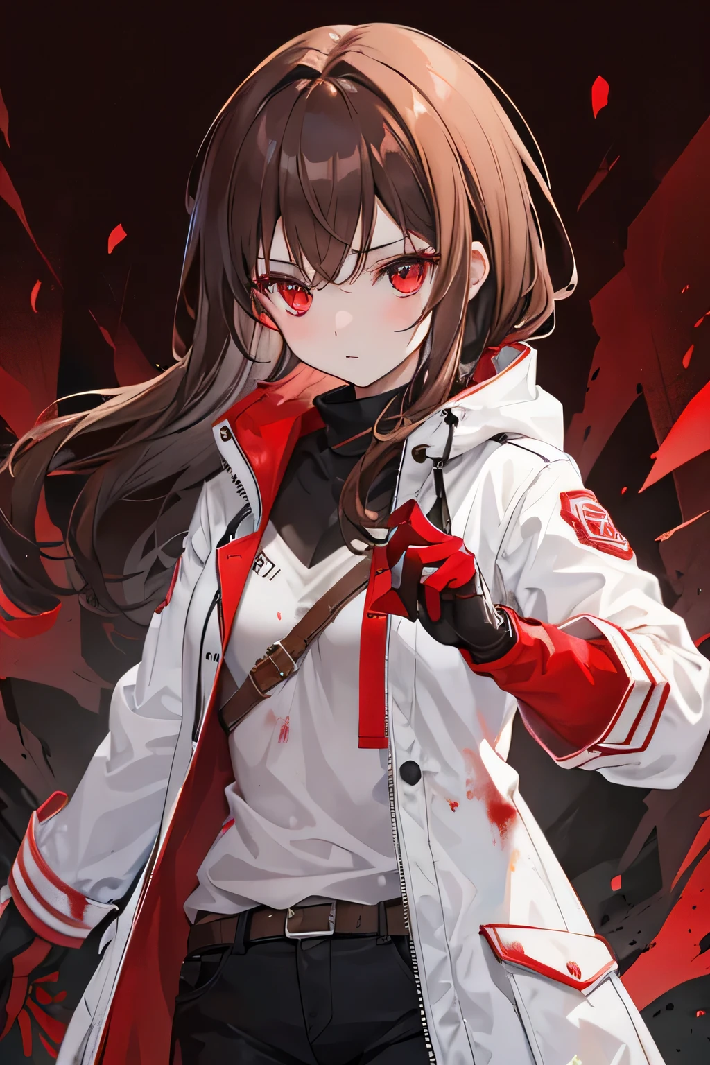 A Girl, with brown hair, red eyes, white coat dirty with blood, a rusty knife in hands.