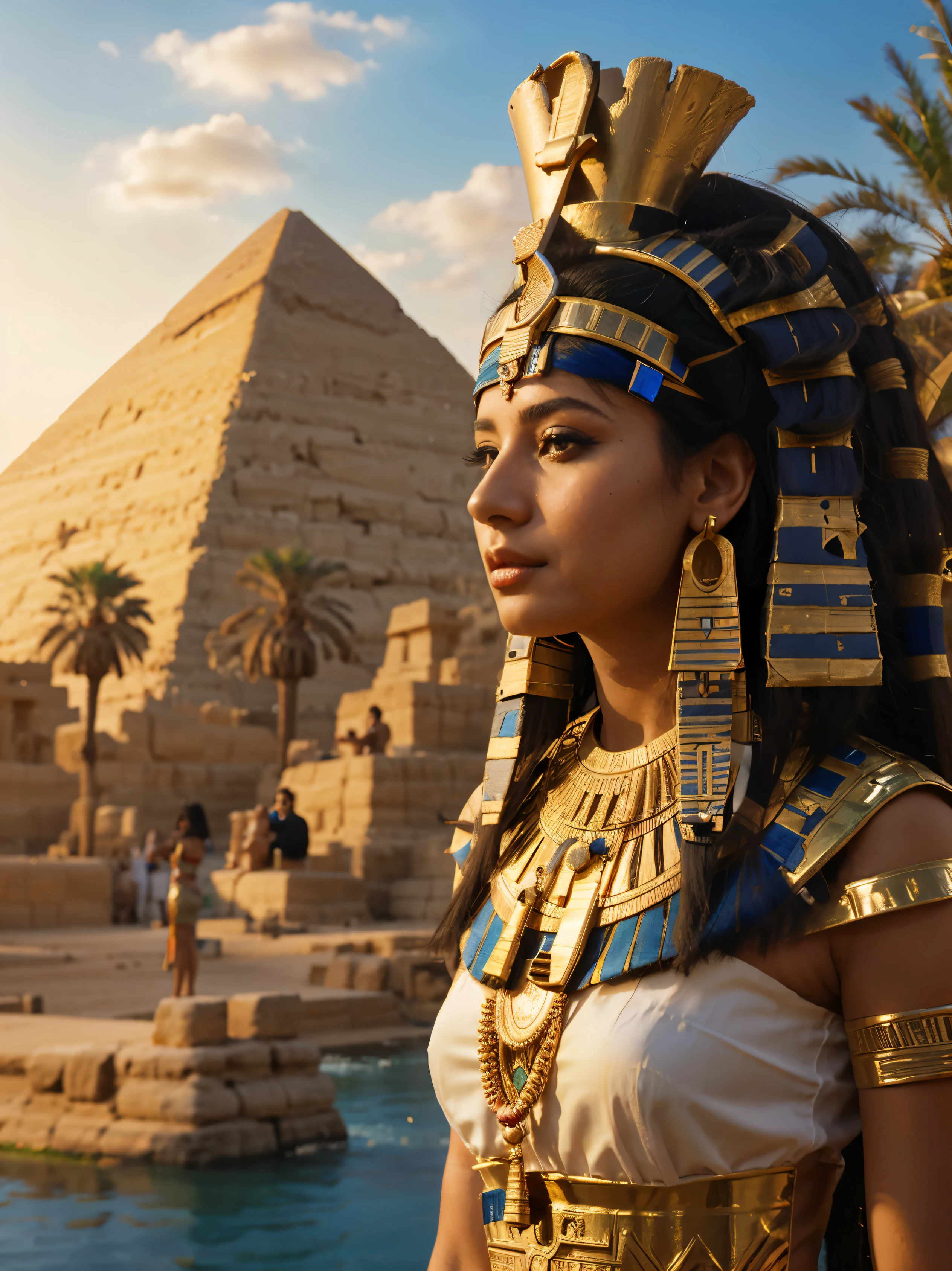 arafed woman in Egitoian dress standing in front of a pyramid, beautiful cleopatra, cleopatra portrait, ancient Egito, Egitoian, Egitoian clothing, cleopatra in her palace, wearing an Egitoian crown, ancient Egitoian, cleopatra, android girl in Egitoian ruins, Pharaoh, Egitoian princess, accurate to Egitoian tradition, Egitoian clothes, Egitoian style, portrait of cleopatra, Egito, Pharaoh clothes