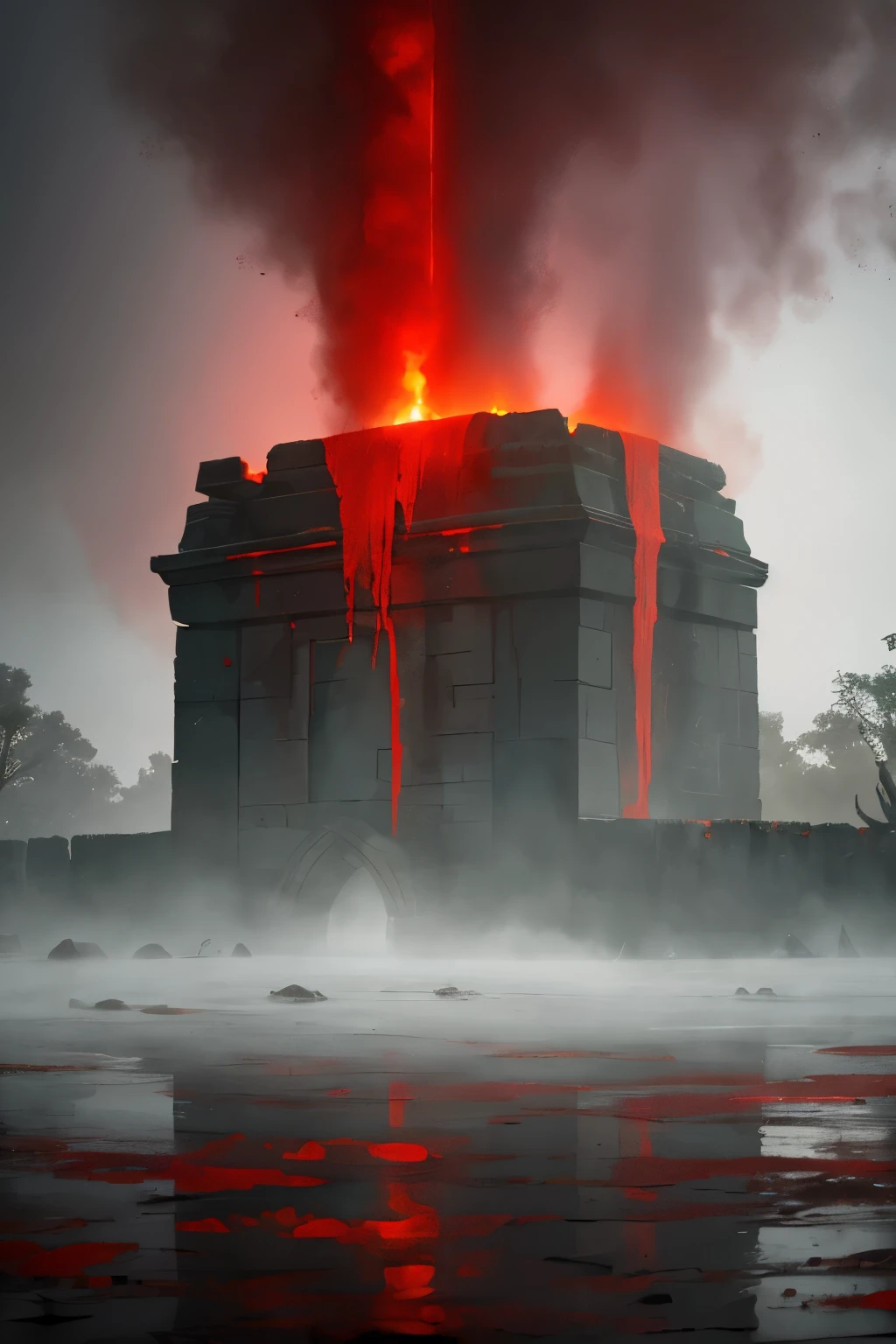 A bloody swamp, over which the fog swirls. This swamp is surrounded by a cyclopean-sized white stone wall. The base of the wall is heavily polluted with red mud.
