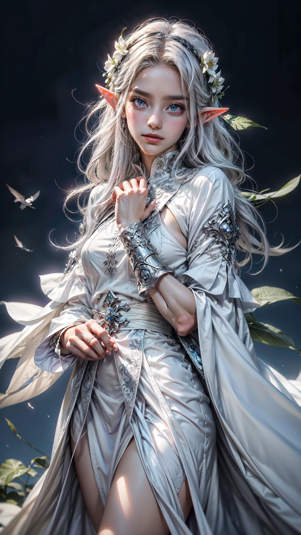 Purple detailed eyes, detailed face, detailed hands,full bodyesbian。White rune robe。White color hair。Kizi。Castle background。tmasterpiece。Two-dimensional wind。best qualtiy。Detail 1.4。Sideslit。the elf。ssmile。Caress the flowers and plants。squatt。sideface。big dragon。Flying birdistic。Comely。adolable。Authoring needs。 
