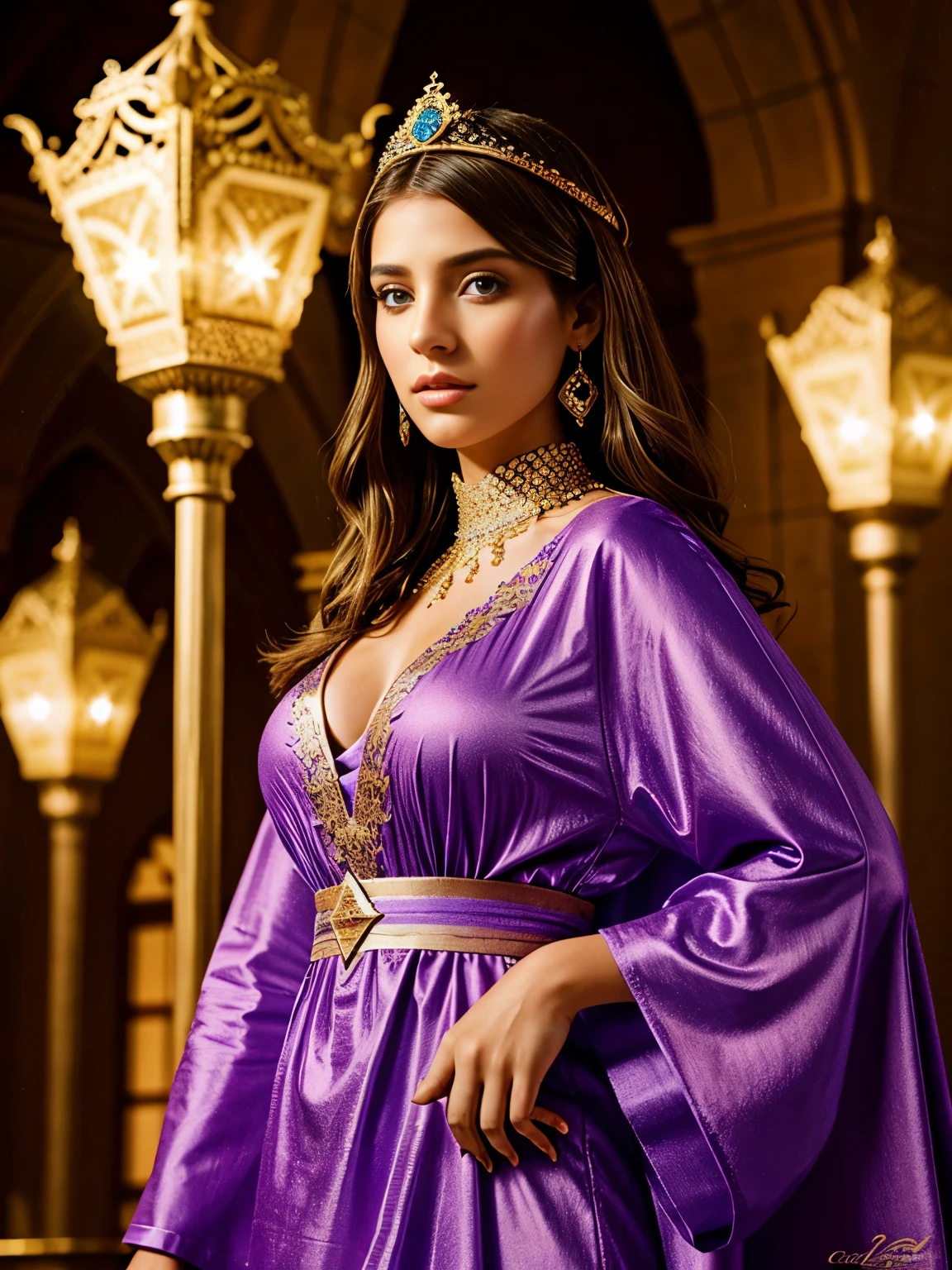 Very Beautiful européenne Princesse glowing crystal eyes hyper realistic super detailed Dynamic shot master piece Full outfit caftan marocain couvre