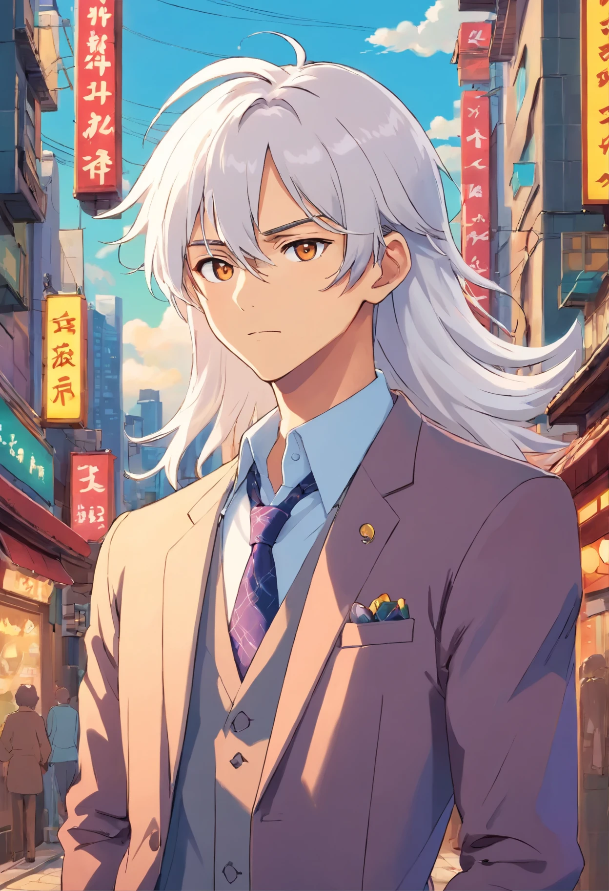 Kokonoi Hajime from Tokyo Revengers with white long hair and a side cut, only bust,  a city pop tokyo bar background, he' has long white hair and brown almond shaped eyes and is wearing a fancy whit shirt and a suit jacket, he has a handsome face, mid 20s and an silver long earring on his left ear, please use city pop colors, saturated pastels, it should look like a retro album cover