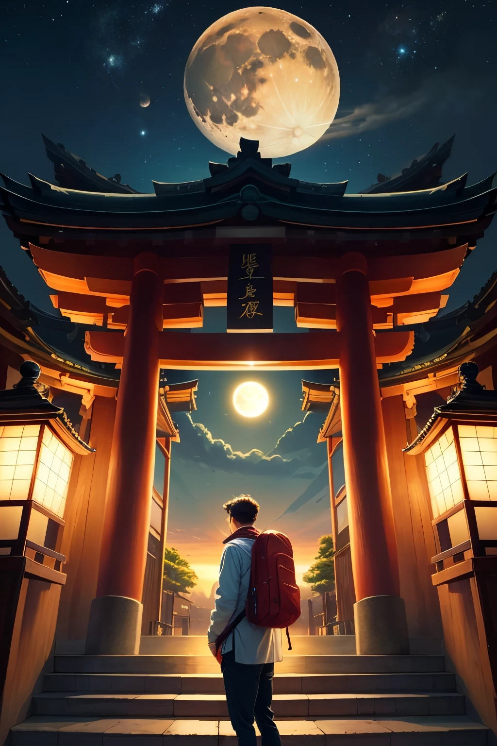 ((melhor qualidade)), ((obra de arte)), (detalhado), (pintura)
rosto perfeito
Man standing in the middle of stairs of a japonese red shrine. he has a oriental old backpack on his back. it is night and instead of the full moon, we see the planet jupiter.
change the moon for Jupiter
no houses around, just the stairs and a red japanese shrine at the top of the image. the image is from XVIII century
Bigger stairs the man is backwards facing the shrine from the middle of the stairs.
bigger stairs, the man is on the left side and the moon on the right upper side of the image.
man on the left side in the middle of the stairs looking at the shrine. change the moon for the jupiter planet.
replace the moon for Jupiter. Man on the left side of the picture