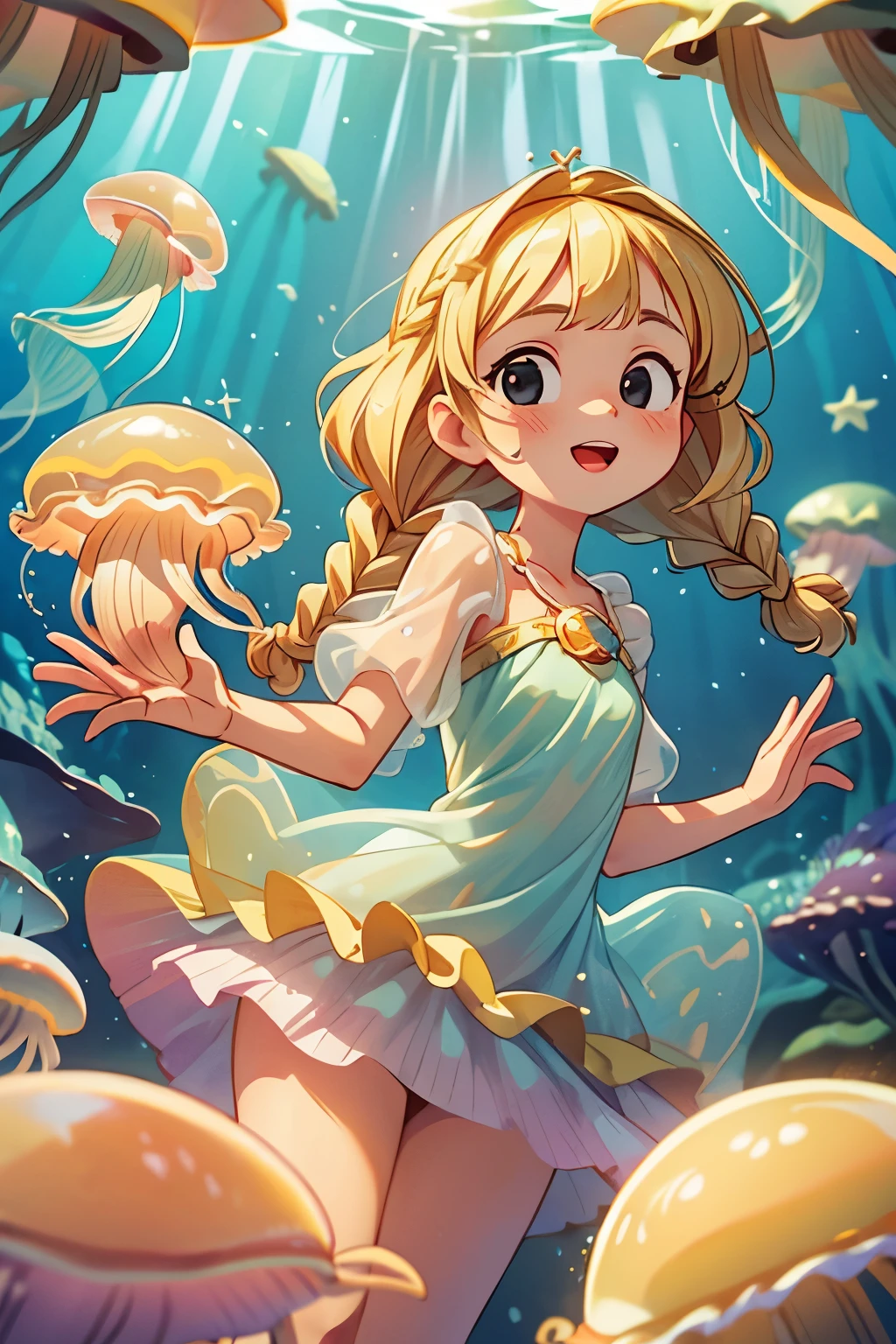 ((Masterpiece)), ((best quality)), (Professional Photography:1.2), (High Definition:1.3), 1princess, ((12 years old)), Castle in the Sea, (jellyfish costume dress:1.4), jellyfish girl, smile, open mouth, (cute posing), (blonde hair:1.3), medium hair, (soft braid:1.3), blunt bangs, hair scrunchie, black eyes, sparkling, (ultra detailed perfect piece:1.2), , illustration, Rising bubbles, bottom of the ocean, (coral reef), (very fine 8K CG), in the sea, (thick lips),