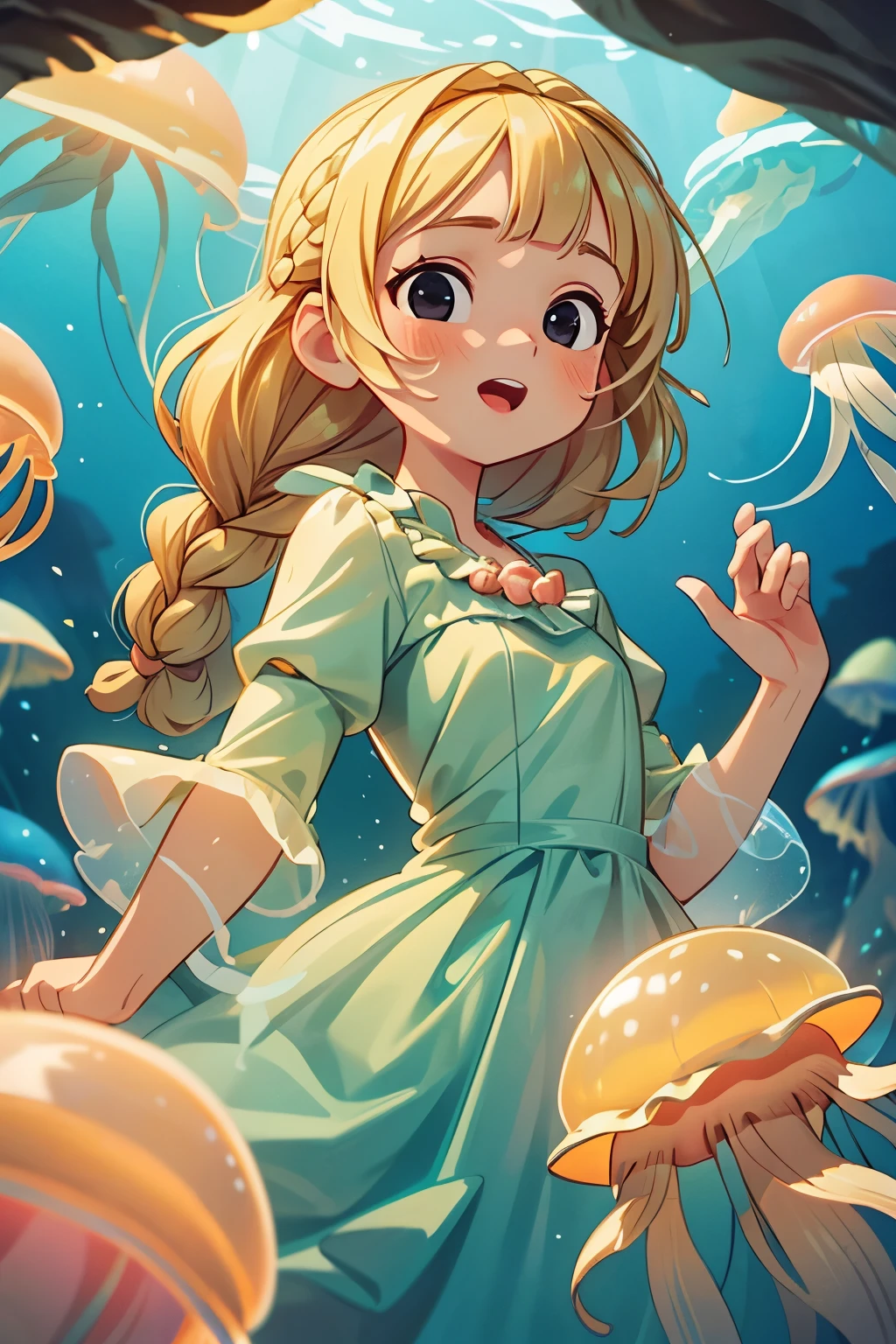 ((Masterpiece)), ((best quality)), (Professional Photography:1.2), (High Definition:1.3), 1princess, ((12 years old)), Castle in the Sea, (jellyfish costume dress:1.4), jellyfish girl, smile, open mouth, (cute posing), (blonde hair:1.3), medium hair, (soft braid:1.3), blunt bangs, hair scrunchie, black eyes, sparkling, (ultra detailed perfect piece:1.2), , illustration, Rising bubbles, bottom of the ocean, (coral reef), (very fine 8K CG), in the sea, (thick lips),