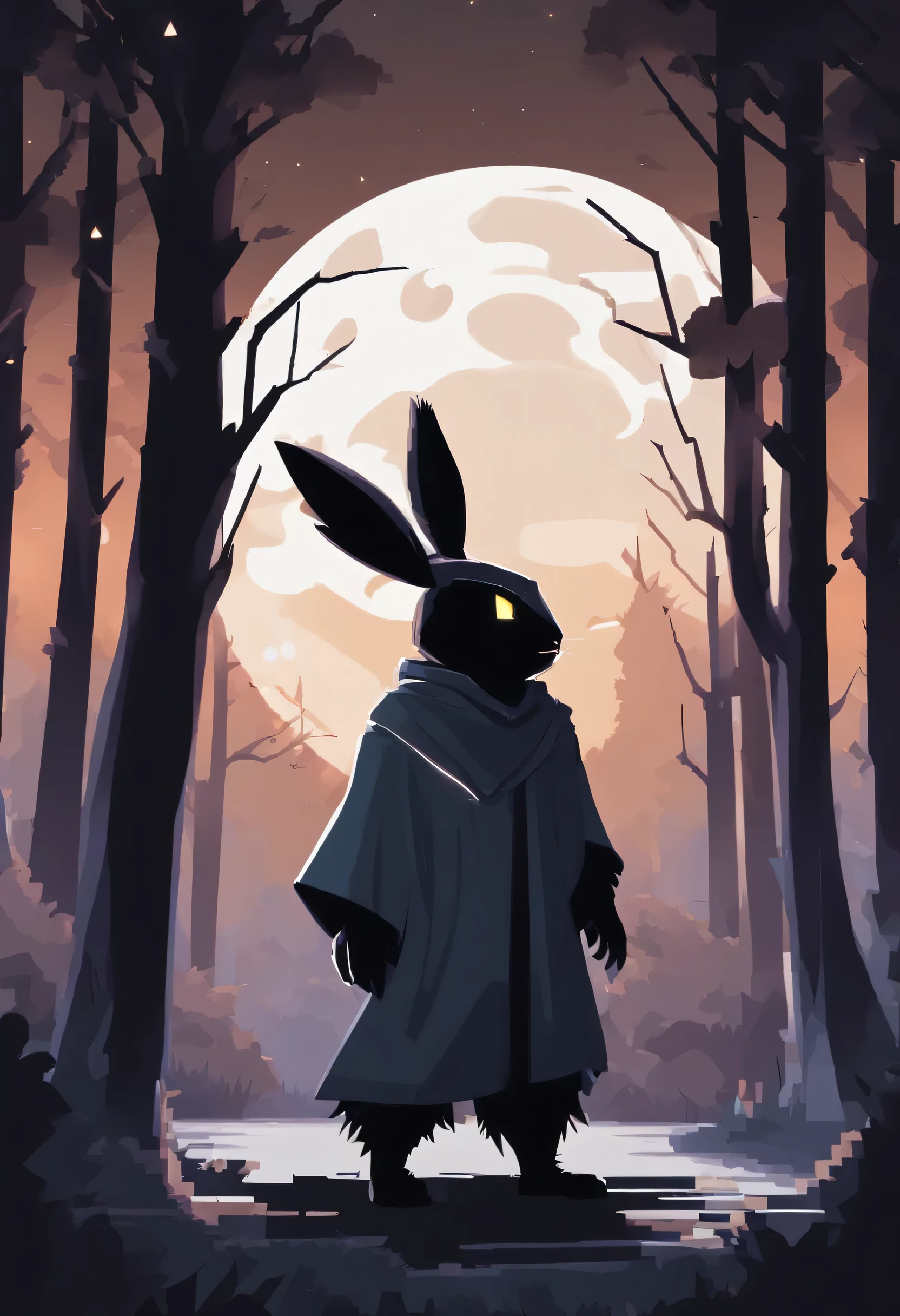black male furry bunny standing under the moonlight wearing a cloak and has glowing yellow eyes , dark background, high detail, no light, Pixel art of a woods landscape in the middle of the night, mistic, full moon, moonlight, (flat shading:1.2), (minimalist:1.4)