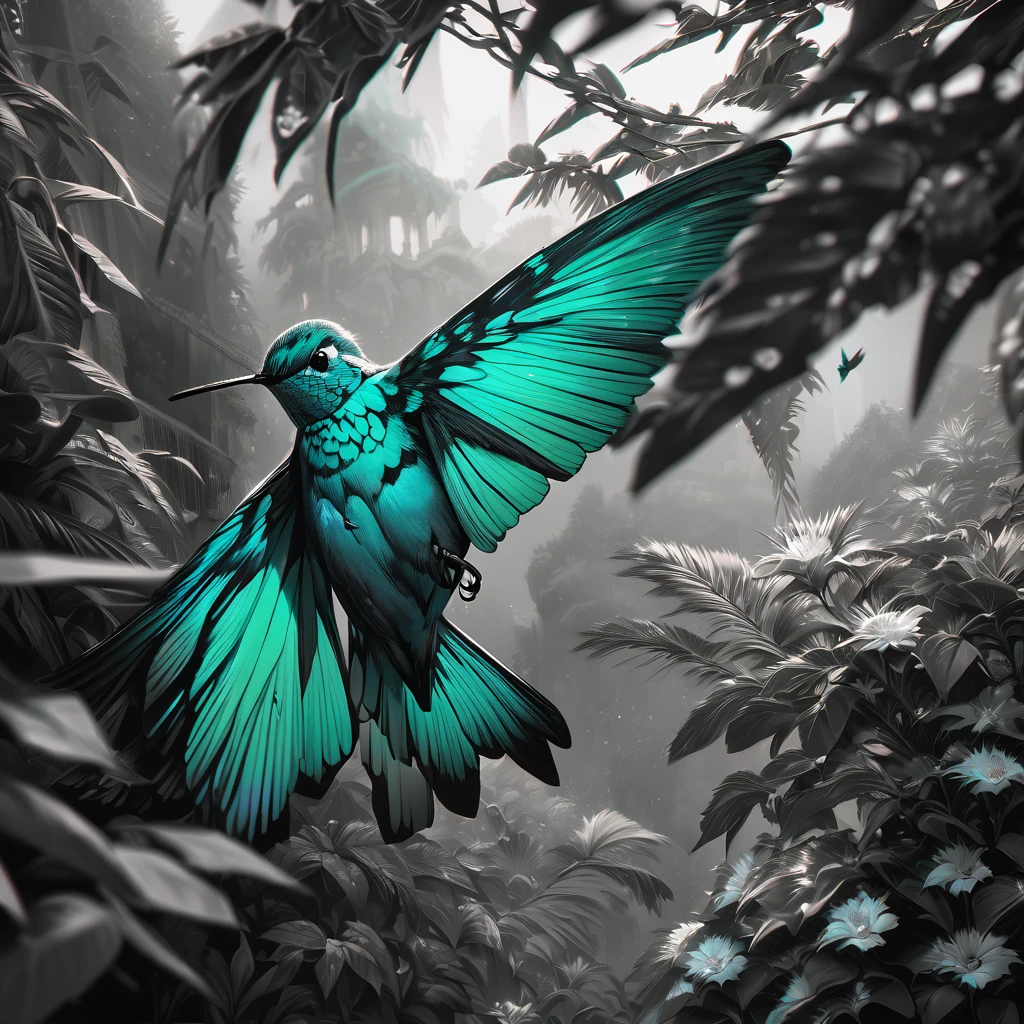 Hummingbird, aesthetic, extremely detailed, a blue and green hummingbird in a garden. hyper-realistic. maximalist, intricate details, HDR, beautifully shot, hyperrealistic, sharp focus, megapixels, perfect composition, high contrast, cinematic, atmospheric, moody