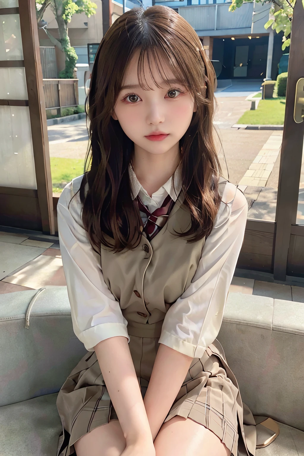 (best quality masterpiece:1.2) , face focus, soft light, ultra high res, (photorealistic:1.4), RAW photo,
Japanese idol,Japanese actress , solo, extremely cute and beautiful face , (pupil, lights in the eyes),  extremely detailed beautiful face, (),(high resolution detail of human skin texture),shiny skin
(long hair),
sit couch,
school uniform, charcoal vest, skirt,
(upper thigh)