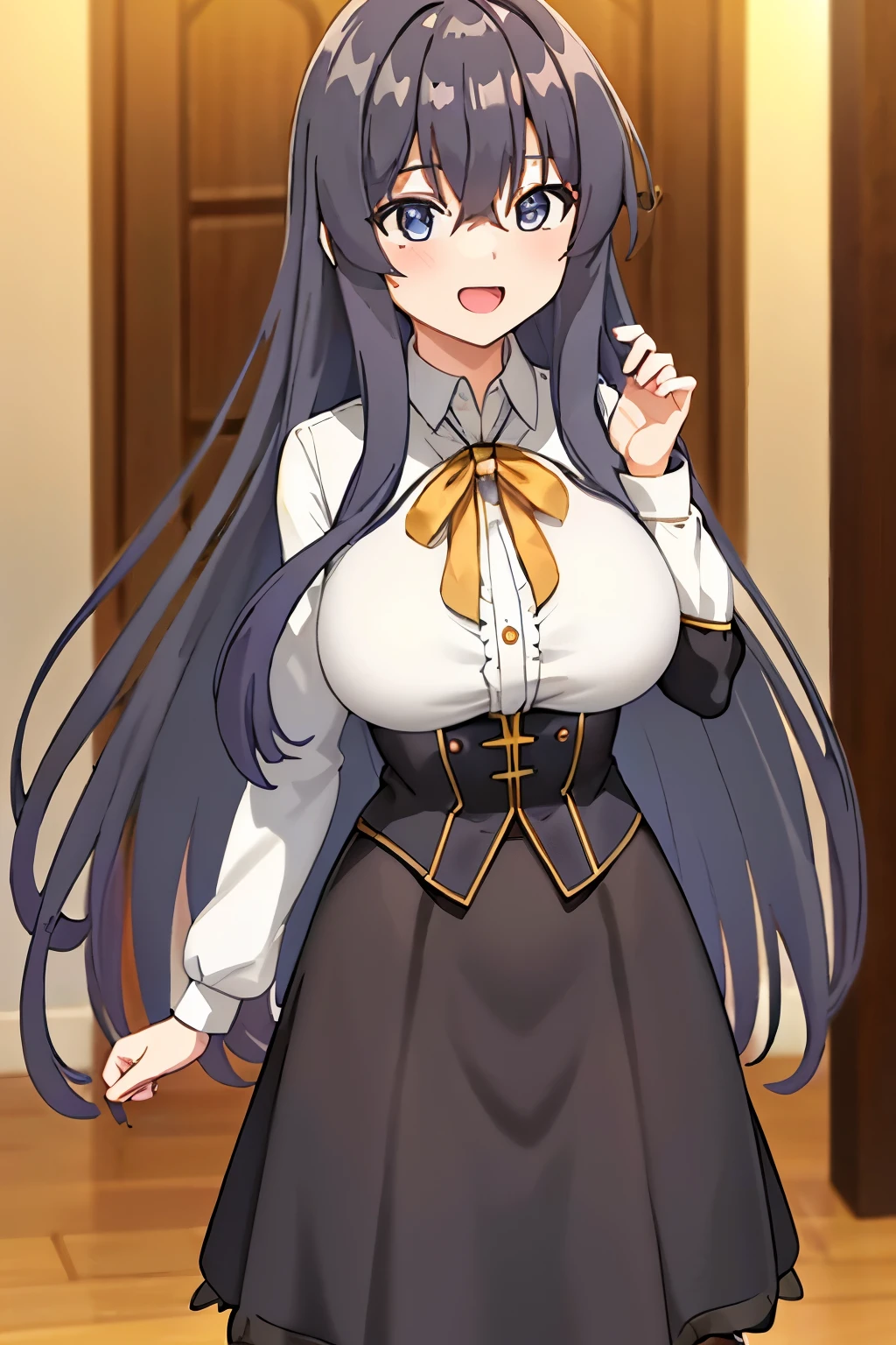 elaina,elaina\(long_sleeved_shirt\),elaina\(skirt\), (masterpiece:1.6, best quality), shiny hair, long hair, shiny , big breast happy, indoors, depth of field, black sleeves