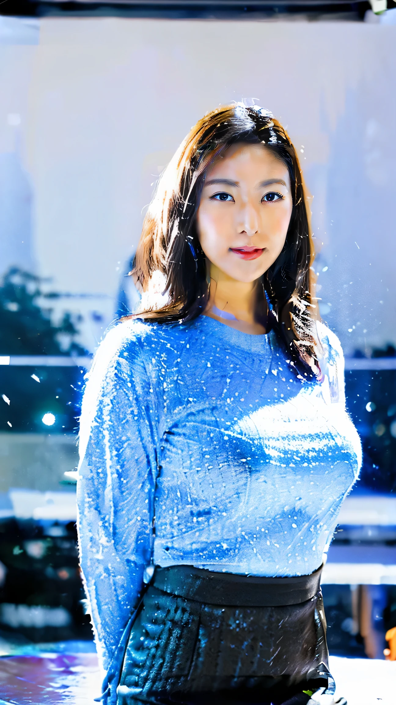 (on the table,high quality,16k:1.1),(depth of field:1.3) ,((precursor:1.35)),  Japanese ,young girls,Standard height,Khaki Long Sleeve Crew Neck T-Shirt Extra Long ((Tight)) skirt, huge breasts, only, bending,(looking at the audience:1.3),(full-body shot:1.2),(snow scene:1.2),(it&#39;Snowing:1.2),(Beautiful night view of Tokyo city:1.2)
