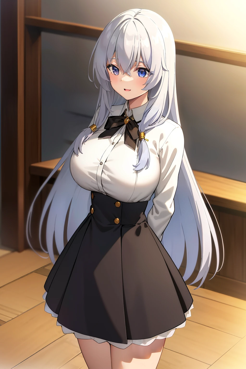 elaina,elaina\(long_sleeved_shirt\),elaina\(skirt\), (masterpiece:1.6, best quality), shiny hair, long hair, shiny , big breast happy, indoors, depth of field, mangas negras