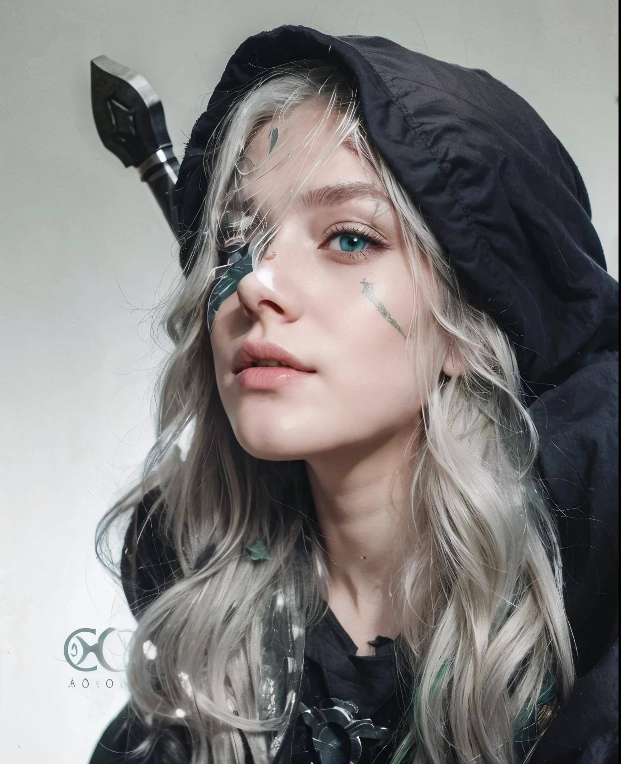 beautiful white ashen haired girl with green eyes and scar on her cheek going towards and eye, sword on her back, wearing a black hoodie