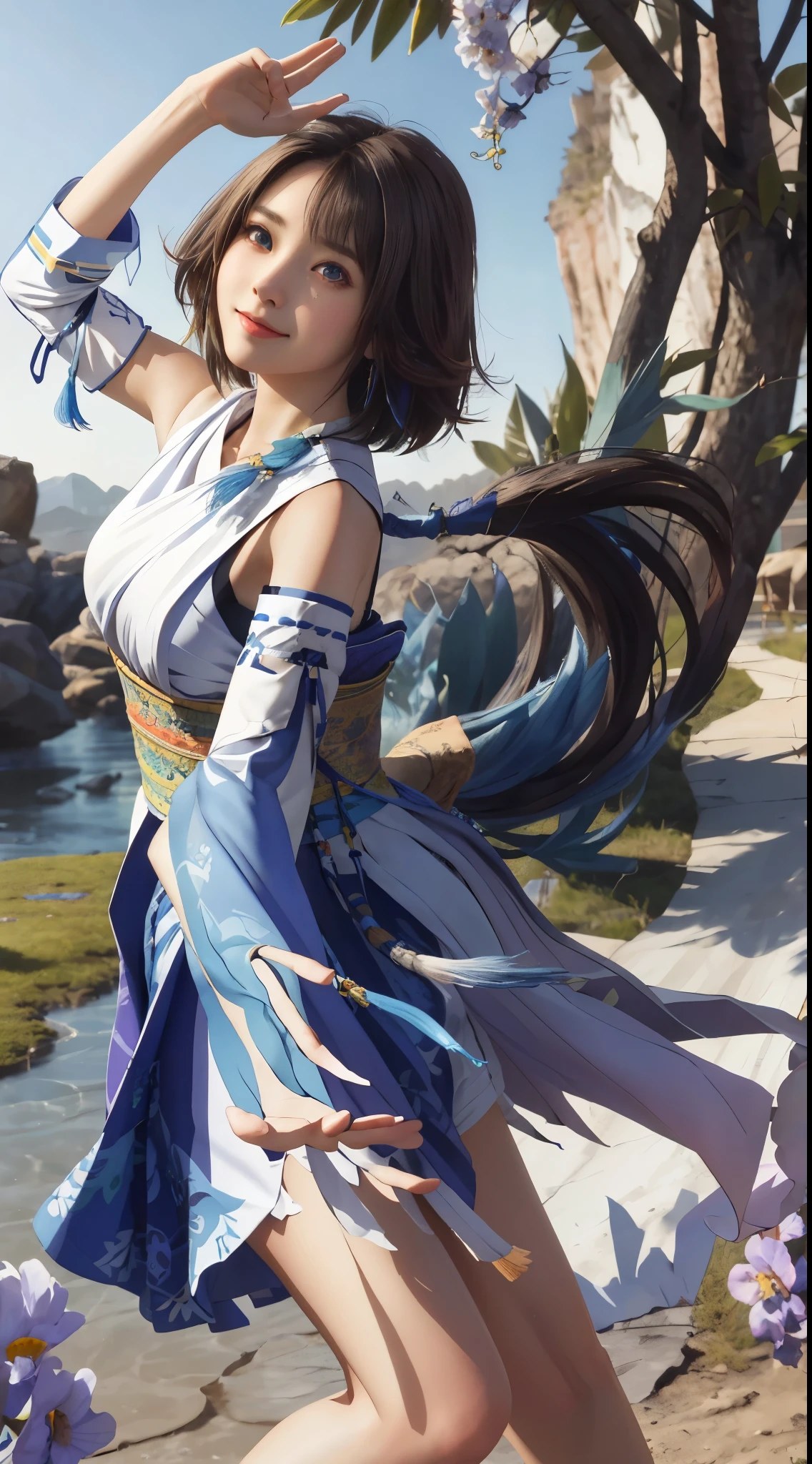 masterpiece, highest quality, absurd, perfect anatomy, 1 girl, alone, Yuna FFX, heterochromia iris, short hair, yuna costume, hair ornaments, removed sleeve, in the same way, sash, same as skirt, long skirt, cowboy shot, smile,